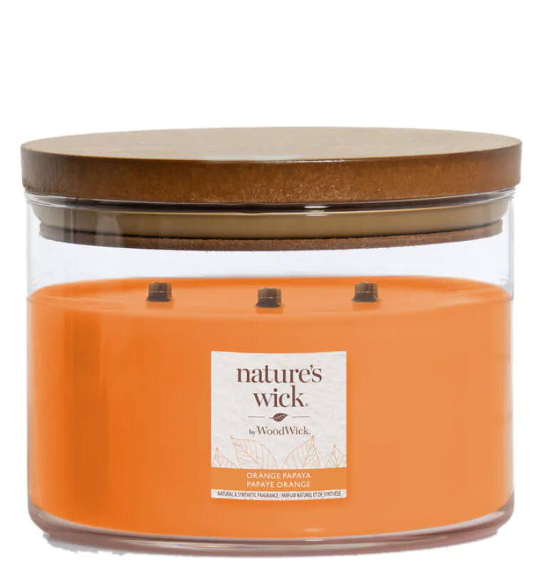 Κερί Woodwick Natures Wick σε ποτήρι με 3 ξύλινα φυτίλια, πορτοκαλί παπάγια