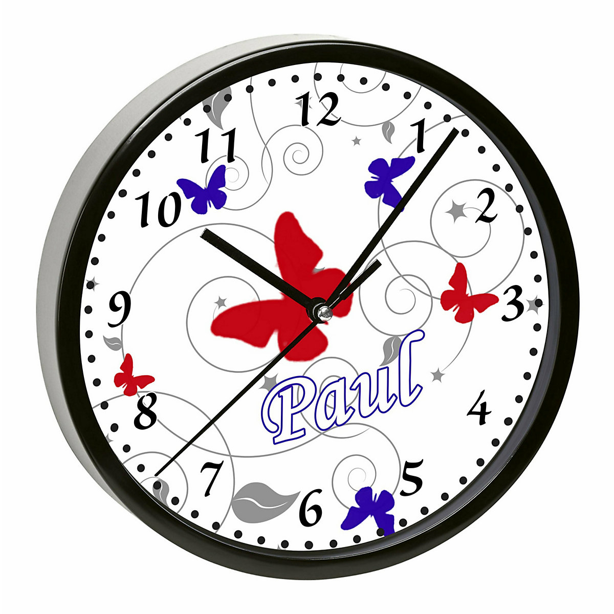 Kinder Wanduhr personalisiert mit Name Schmetterling Rot Blau Grau