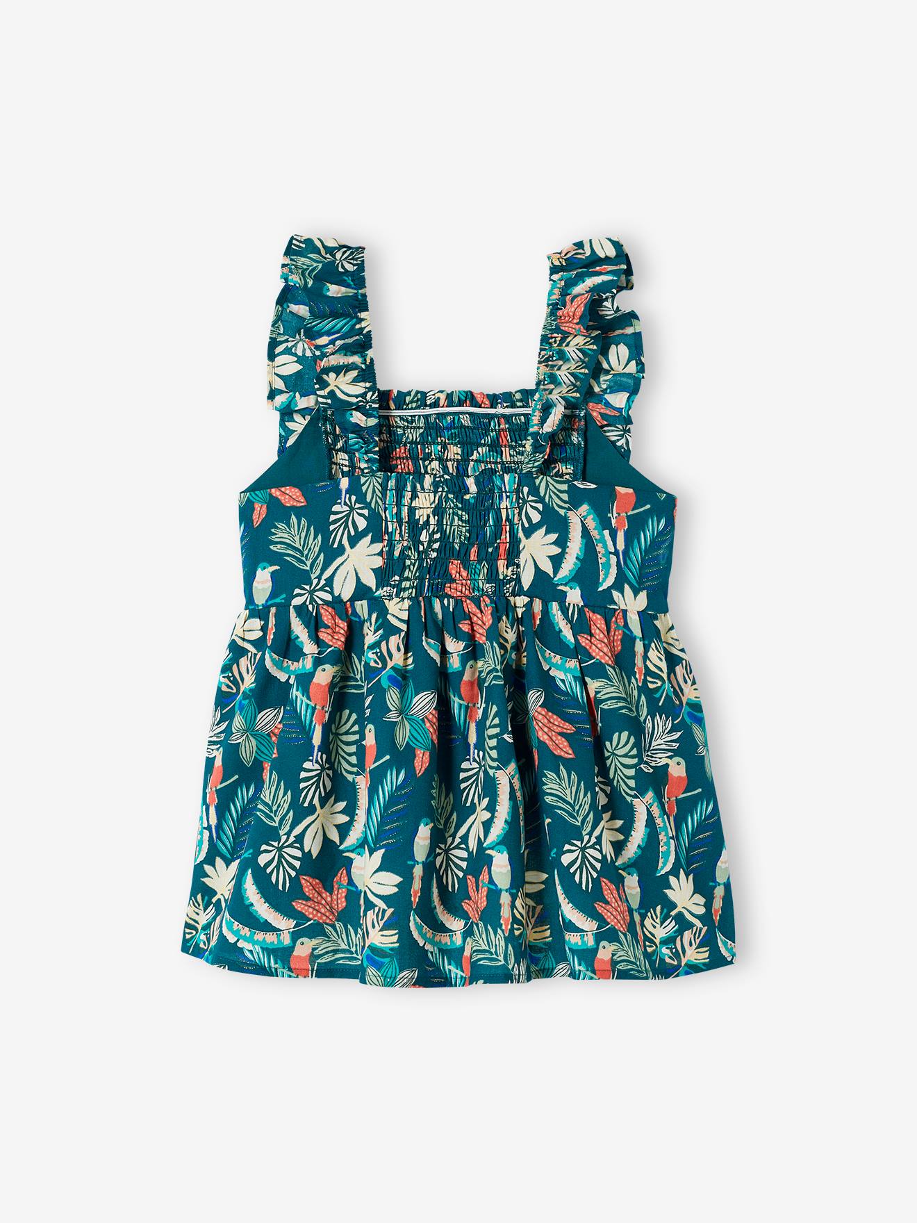 Blouse smockée à bretelles volantées fille corail
