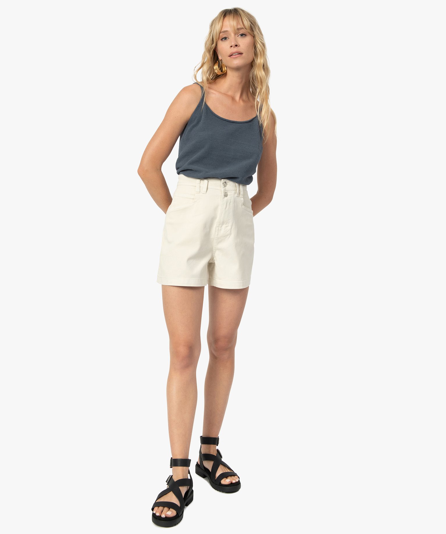 Short femme en toile de coton taille haute | GEMO