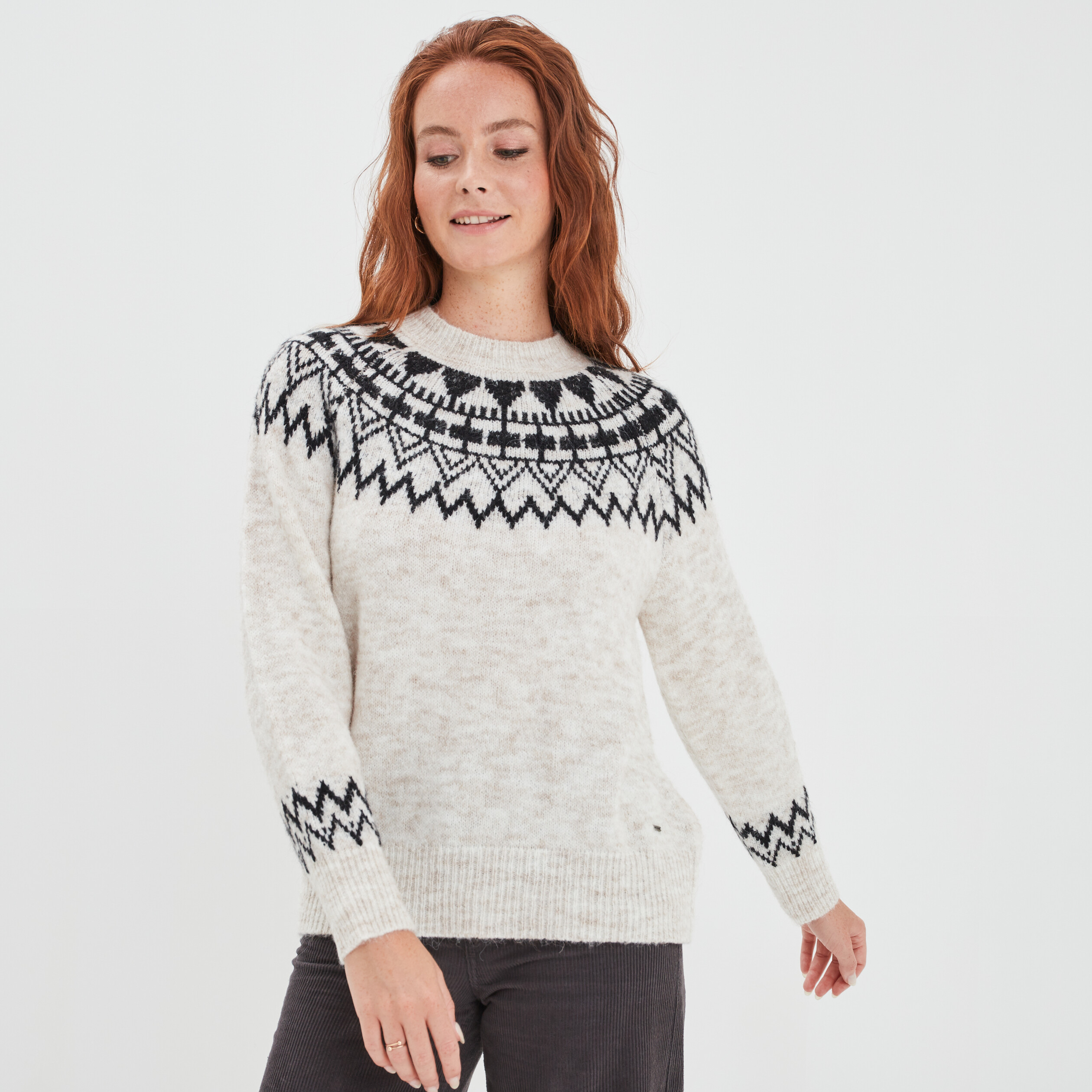 Pull col rond manches longues Creeks beige femme | La Halle