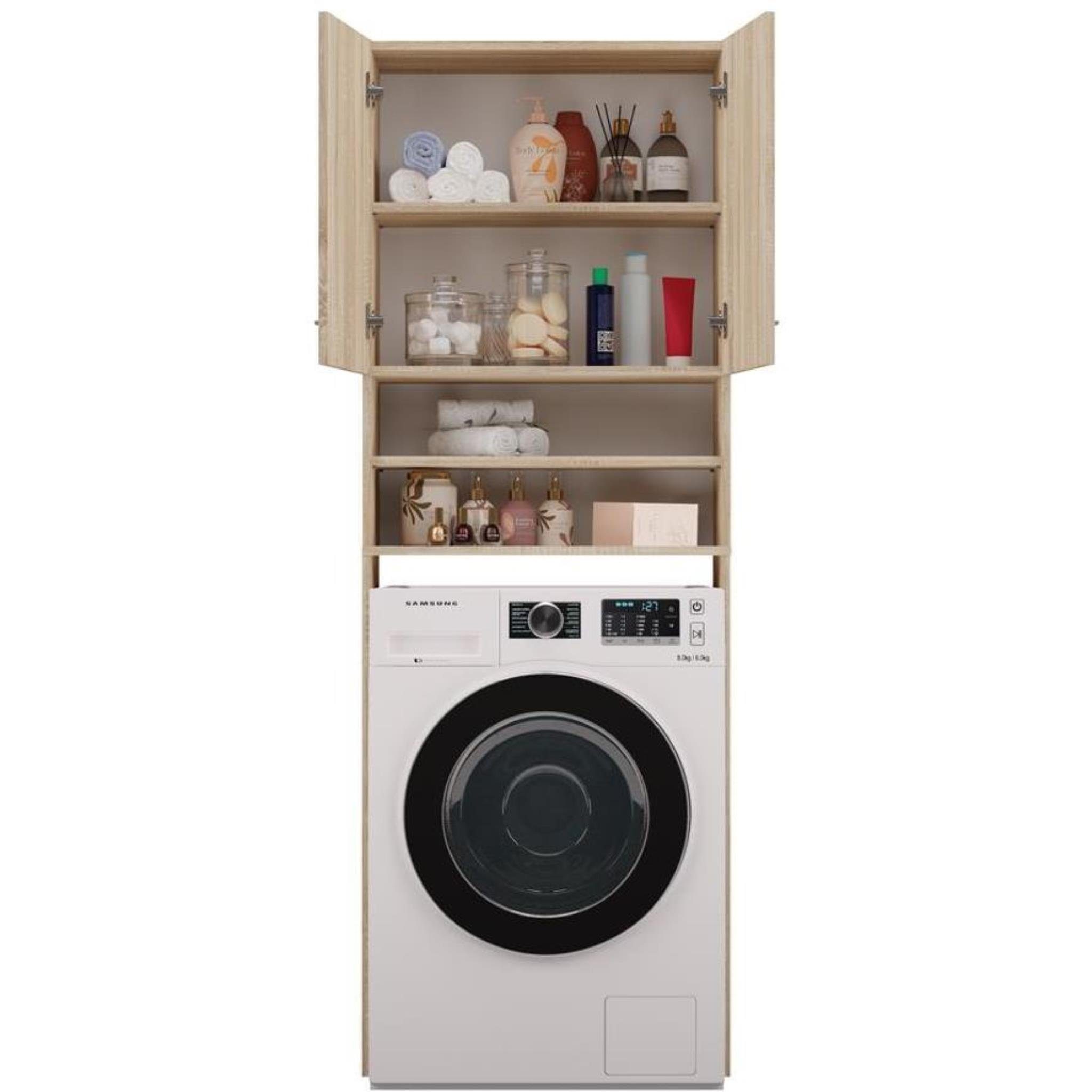 Beautysofa Waschmaschinenumbauschrank Ivy DK (Badschrank mit offenes Regale, Badezimmerschrank mit 2 Drehtüren) silberfarbig Kunststoffgriffe, 4 Fächer