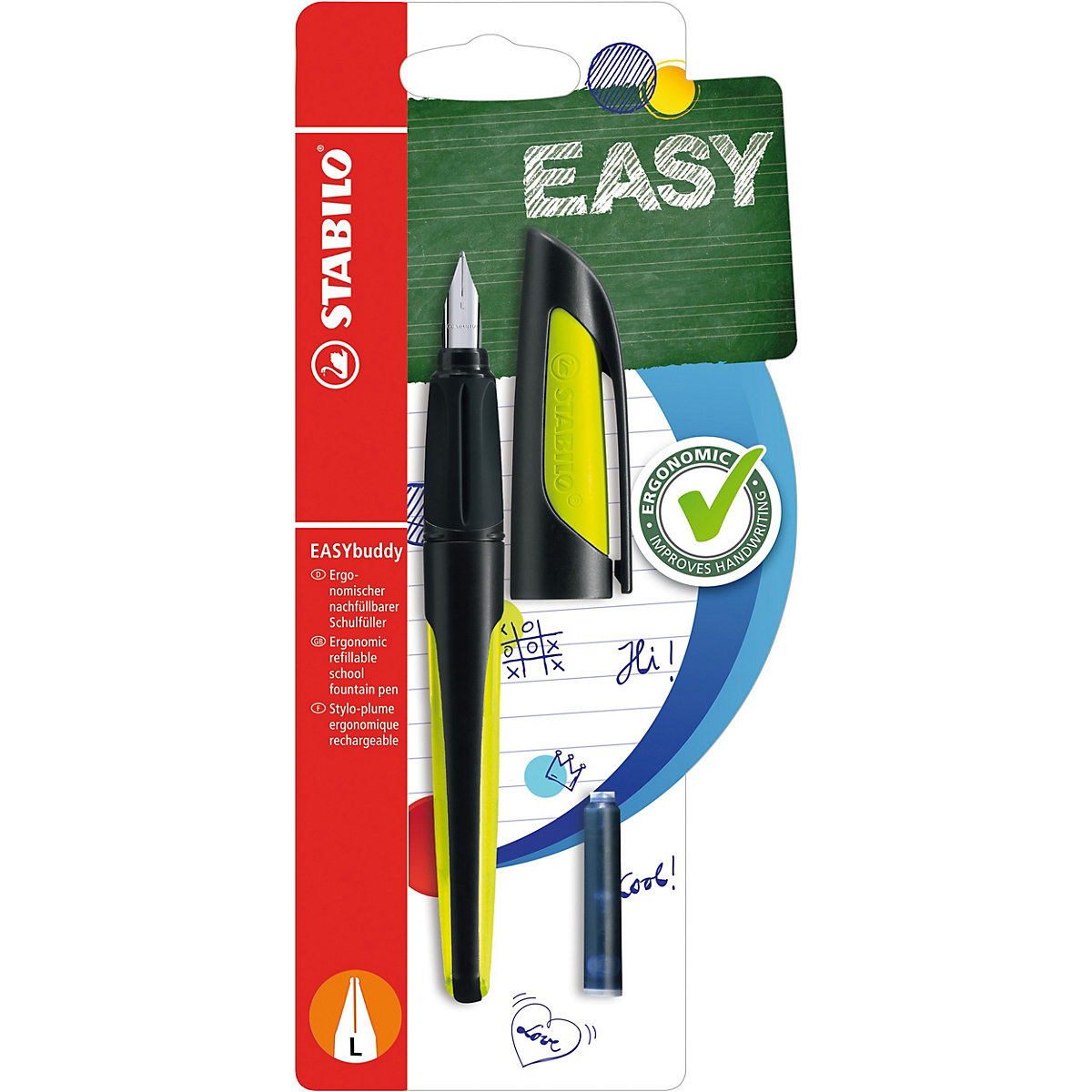 Schulfüller EASYbuddy L-Feder Linkshänder schwarz/limette, inkl. Patrone