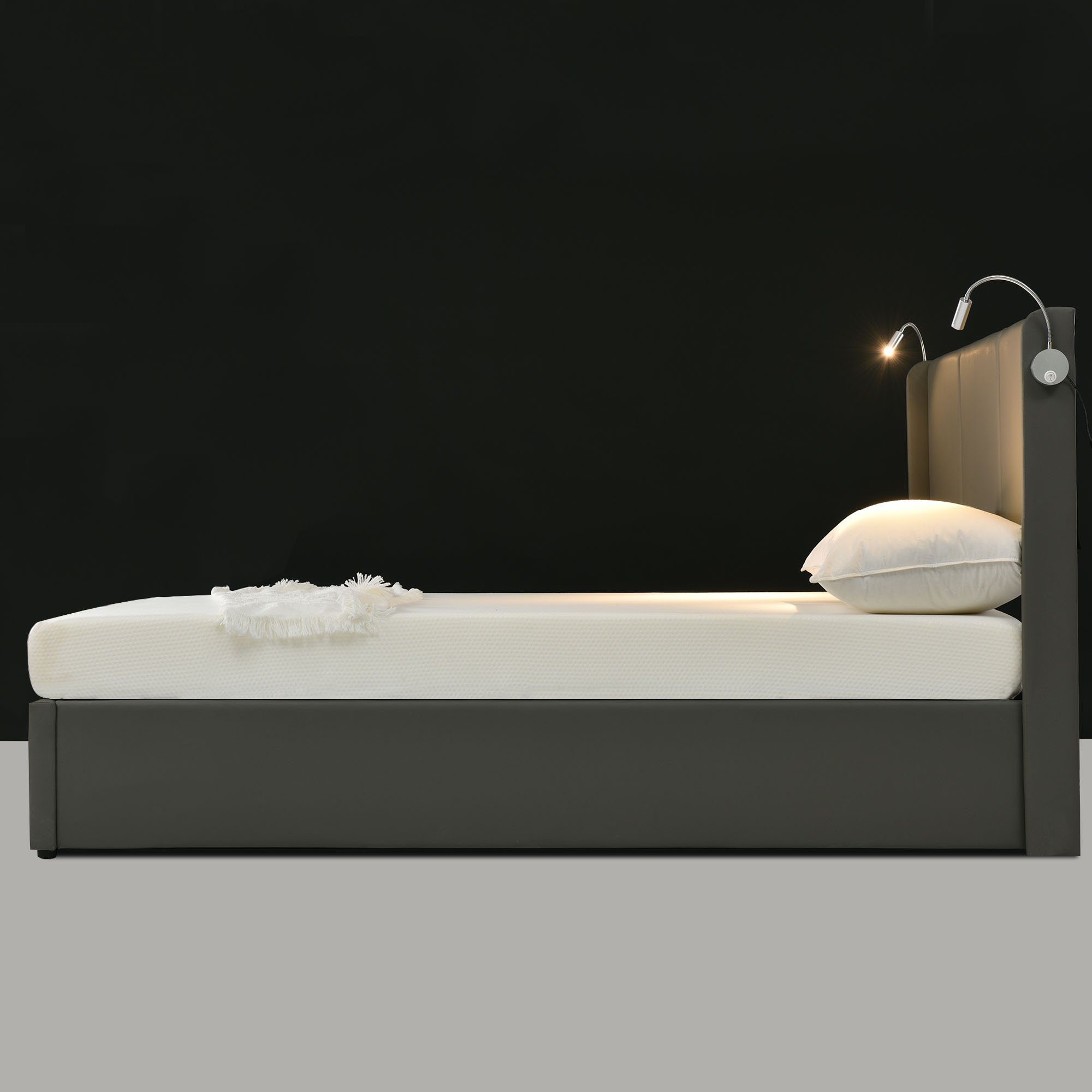 Ulife Polsterbett Grau Doppelbett Hydraulisches Stauraumbett PU 140x200, 160x200cm, Leselicht mit USB Ladefunktion Kopfteil