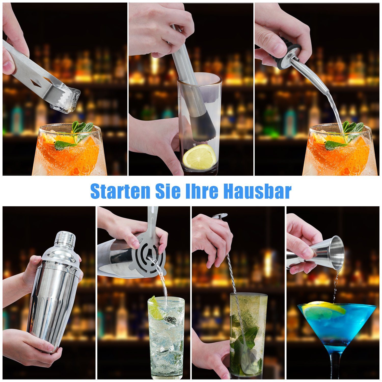 Kpaloft Cocktail Shaker, Edelstahl, (12-tlg), 750ml Shaker Set Bambusständer