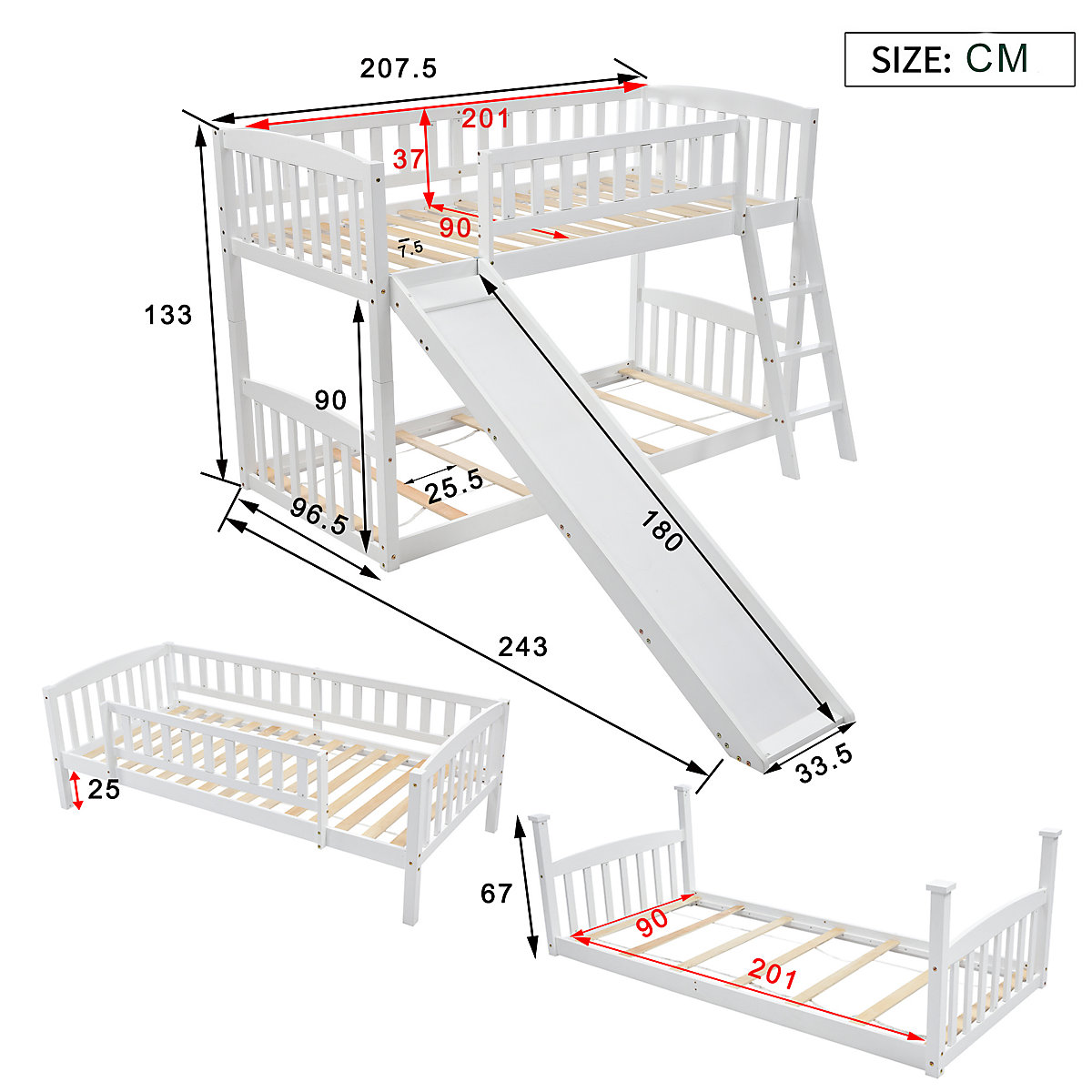 Etagenbett mit Rutsche, Niedriger Kinderbett Etagenbettrahmen Massives Kiefernbett 90 x 200 cm