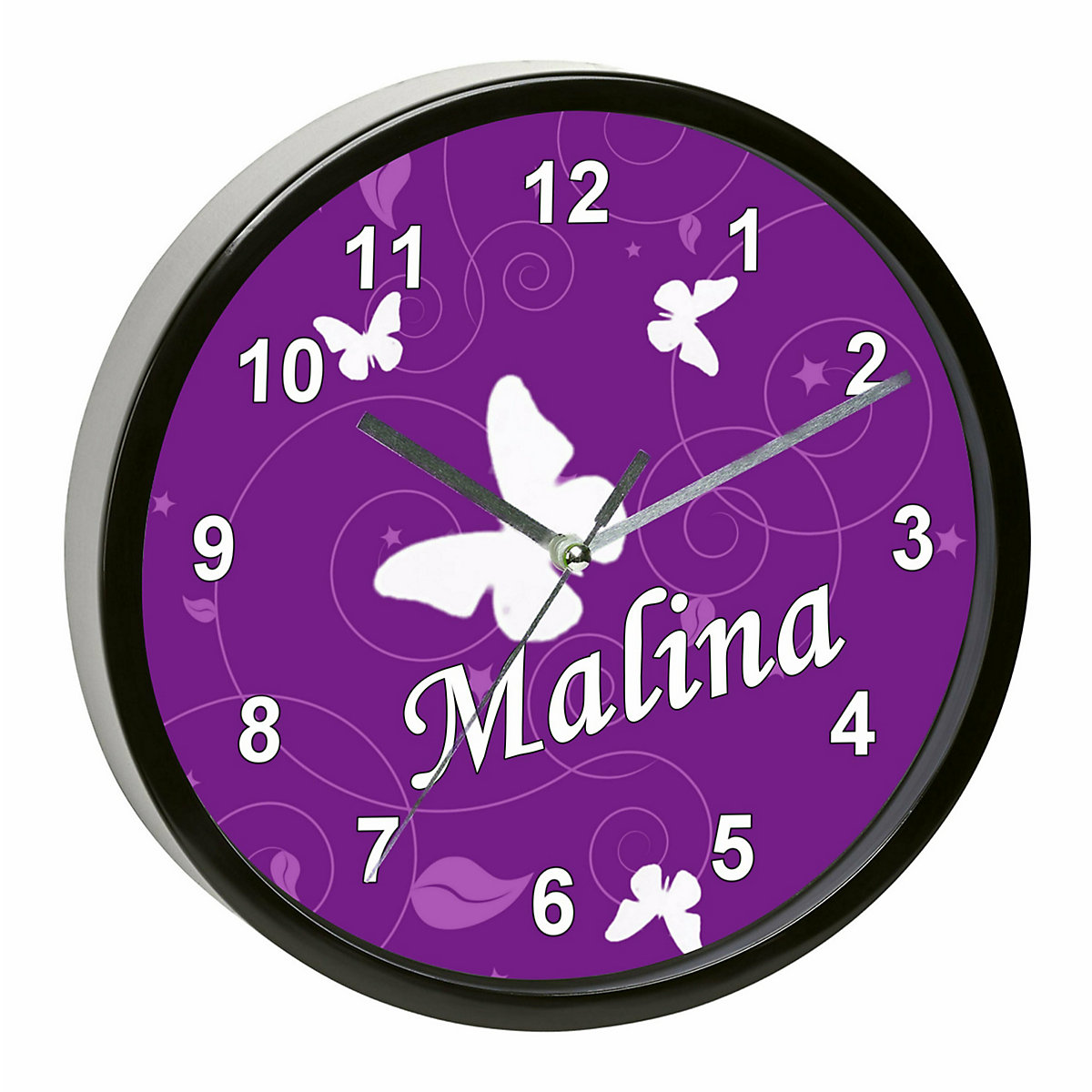 Kinder Wanduhr laufruhig personalisiert mit Name Schmetterling Lila