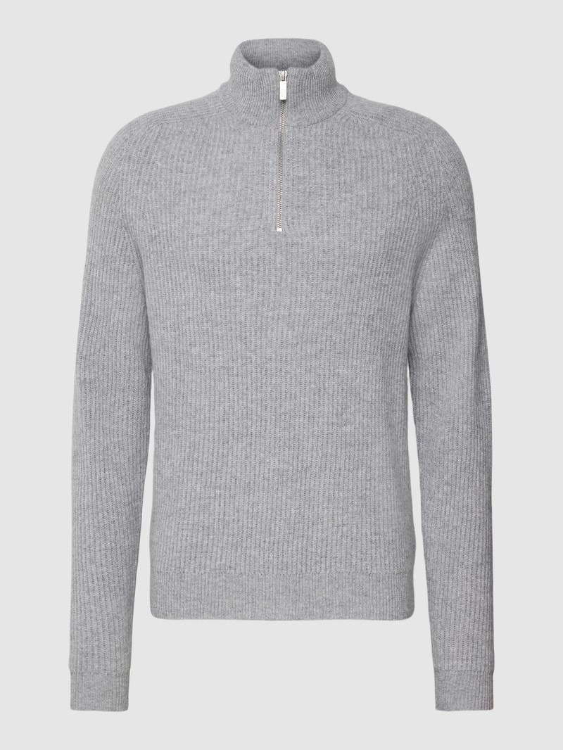 Strickpullover aus Schurwolle mit Stehkragen in mittelgrau meliert