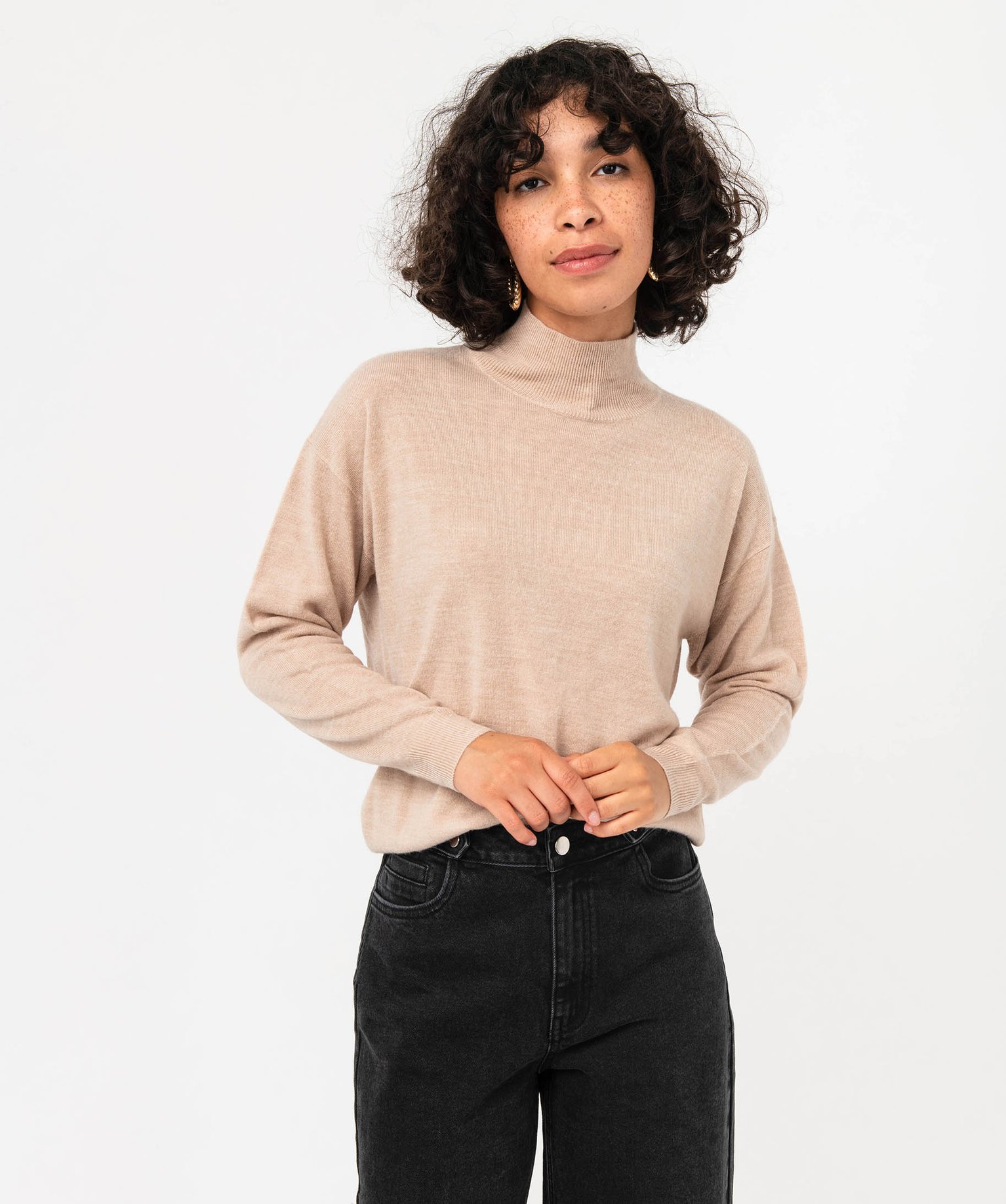 Pull à col montant en maille fine femme beige | GEMO