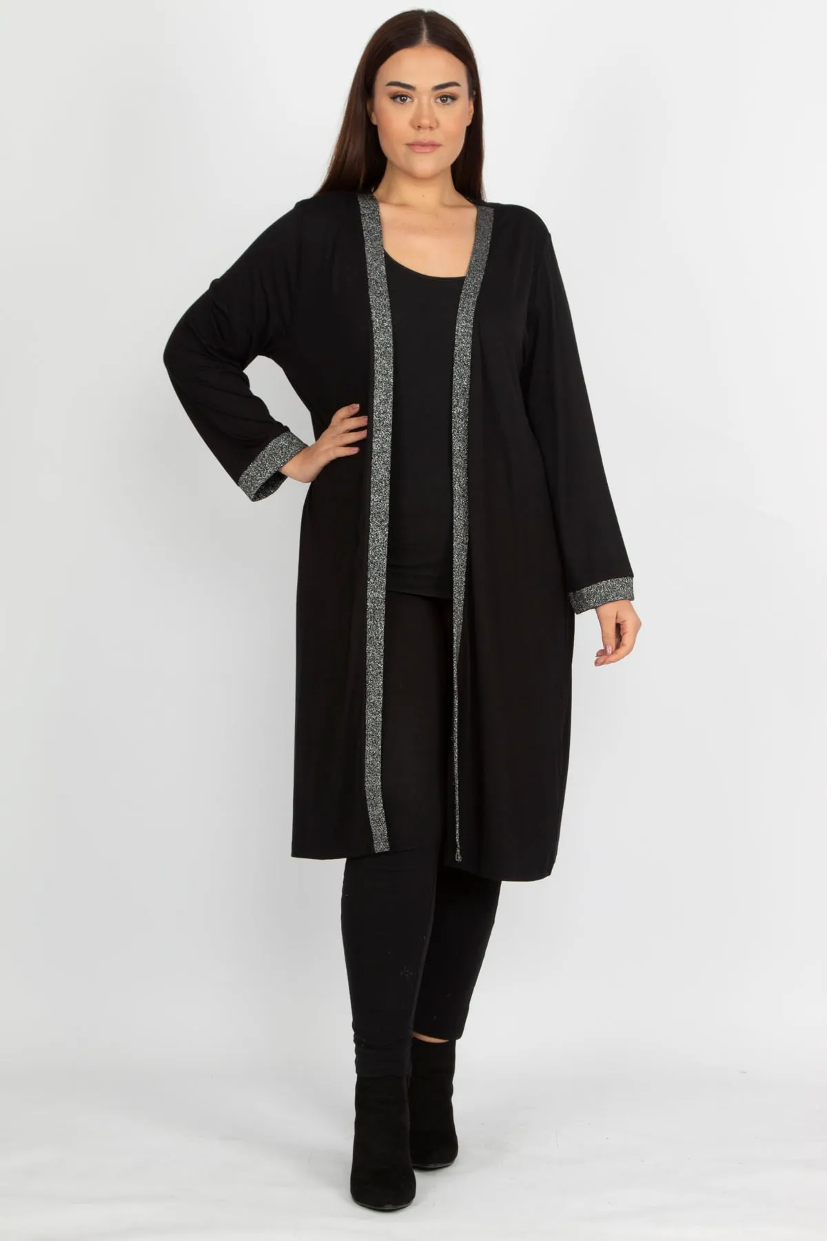 Şans  Damen-Cardigan, groß, schwarz, glitzernd, lang, mit Details, 65n19839