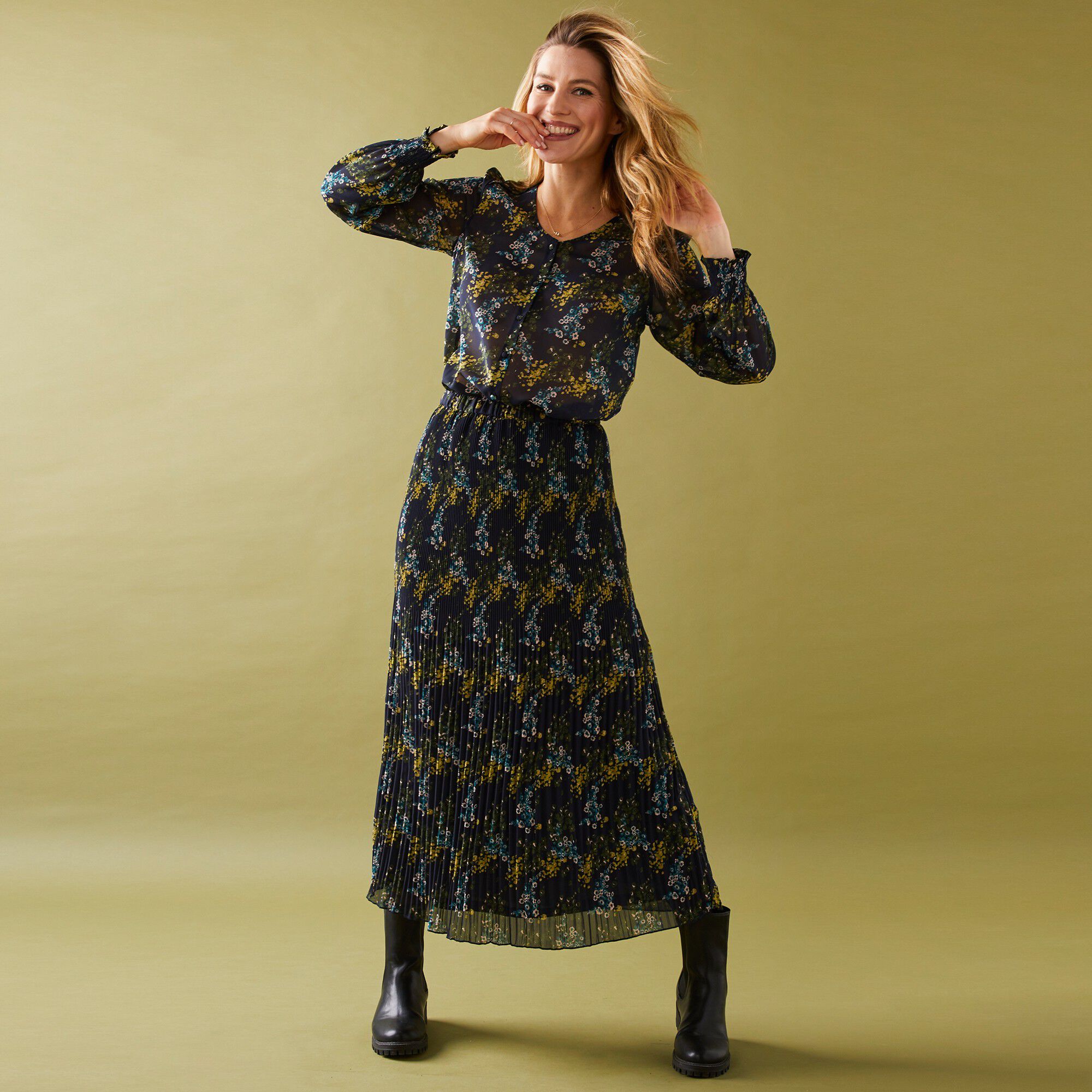 Jupe grande stature voile plissé imprimé fleuri, polyester recyclé(1)