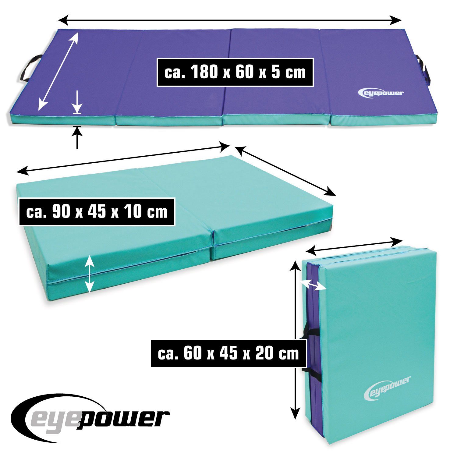 eyepower Fitnessmatte 180x60 Klappbare Gymnastikmatte 5cm dicke Matte, Weichbodenmatte mint