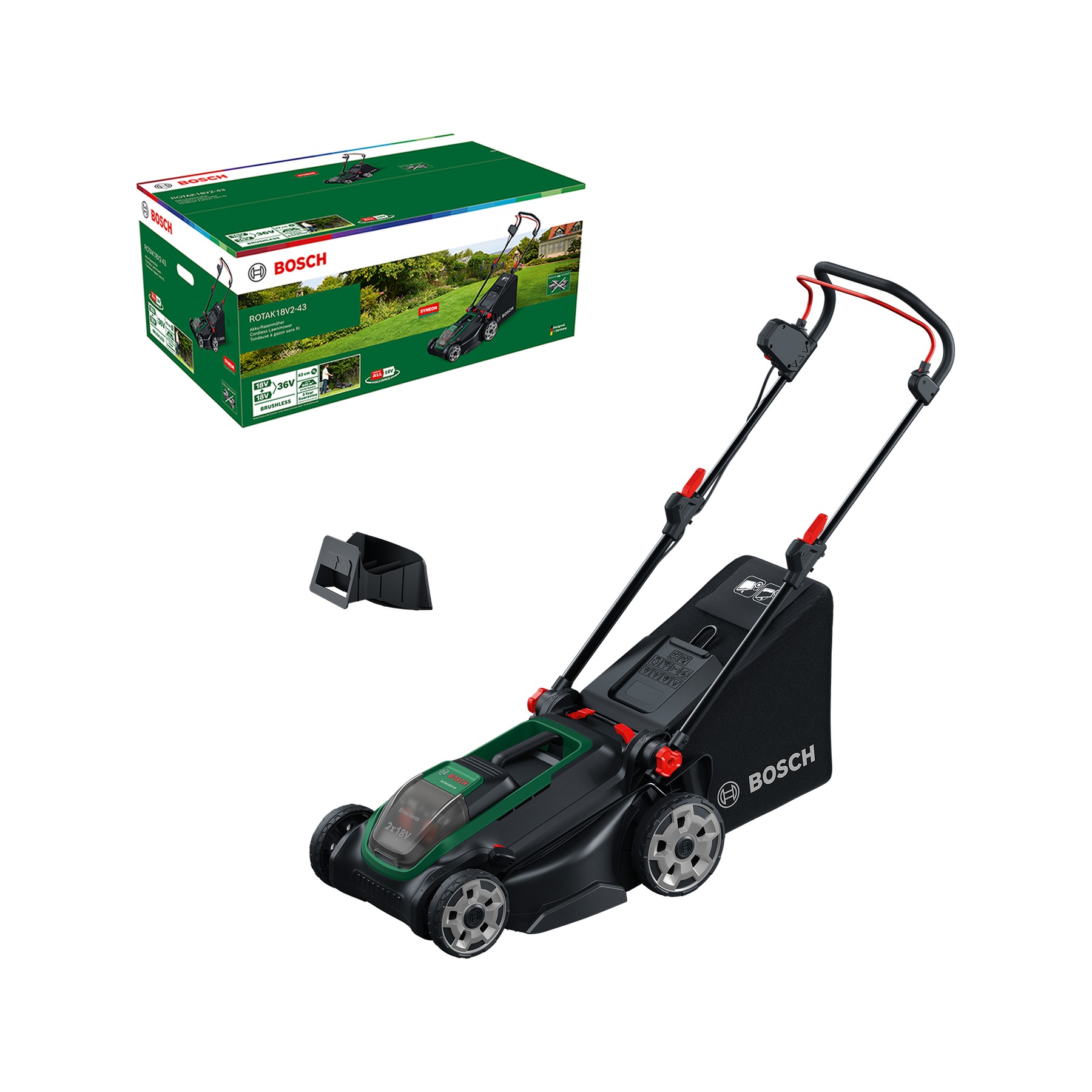 Cortacésped inalámbrico Bosch Green 06008B9L01 Rotak 18V2-43 (batería y cargador no incluidos). Incluye 1 tapón para mulching.