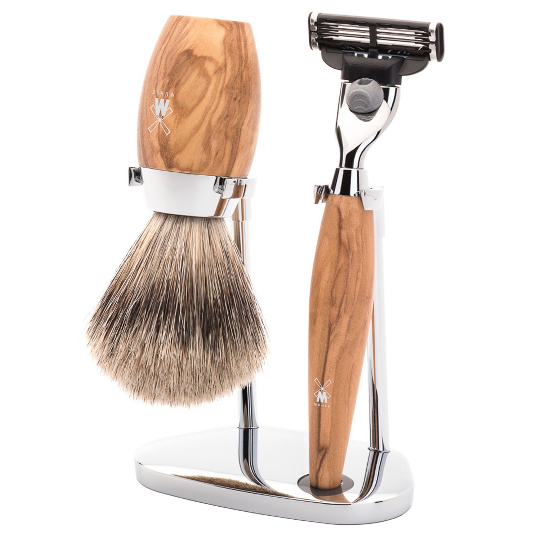 KOSMO - 3-tlg. Dachshaar Rasier-Set - Griffe Olivenholz