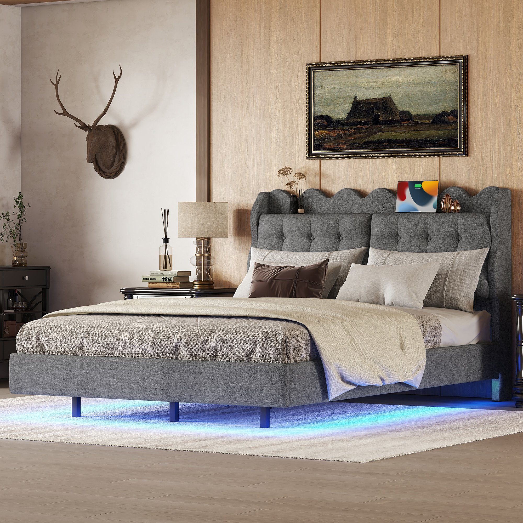Flieks Polsterbett, LED Doppelbett 140x200cm mit Stauraumfach und Ladeanschluss Leinen