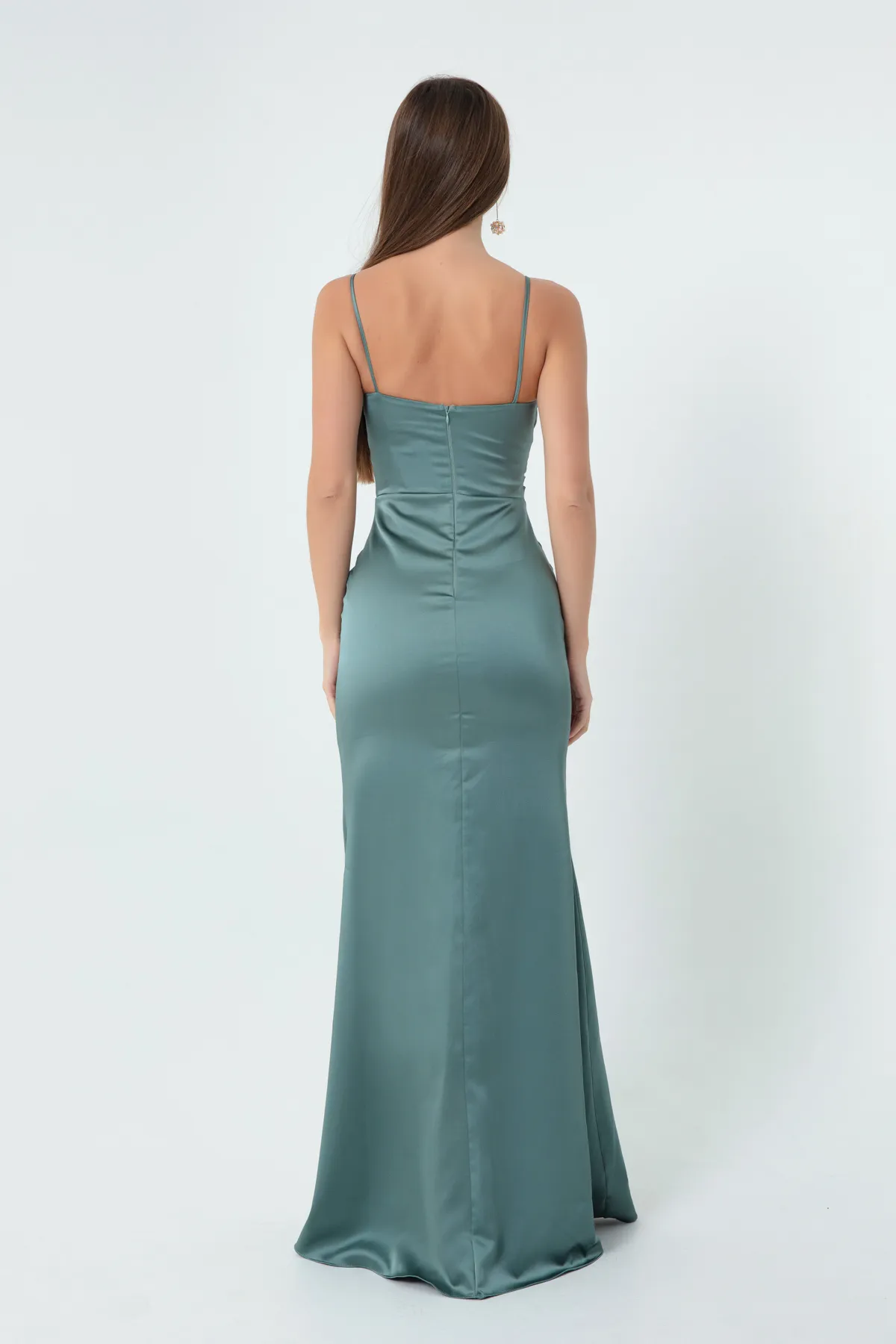 Lafaba  Türkisfarbenes, langes Satin-Abendkleid und Abschlusskleid mit Schlitz für Damen