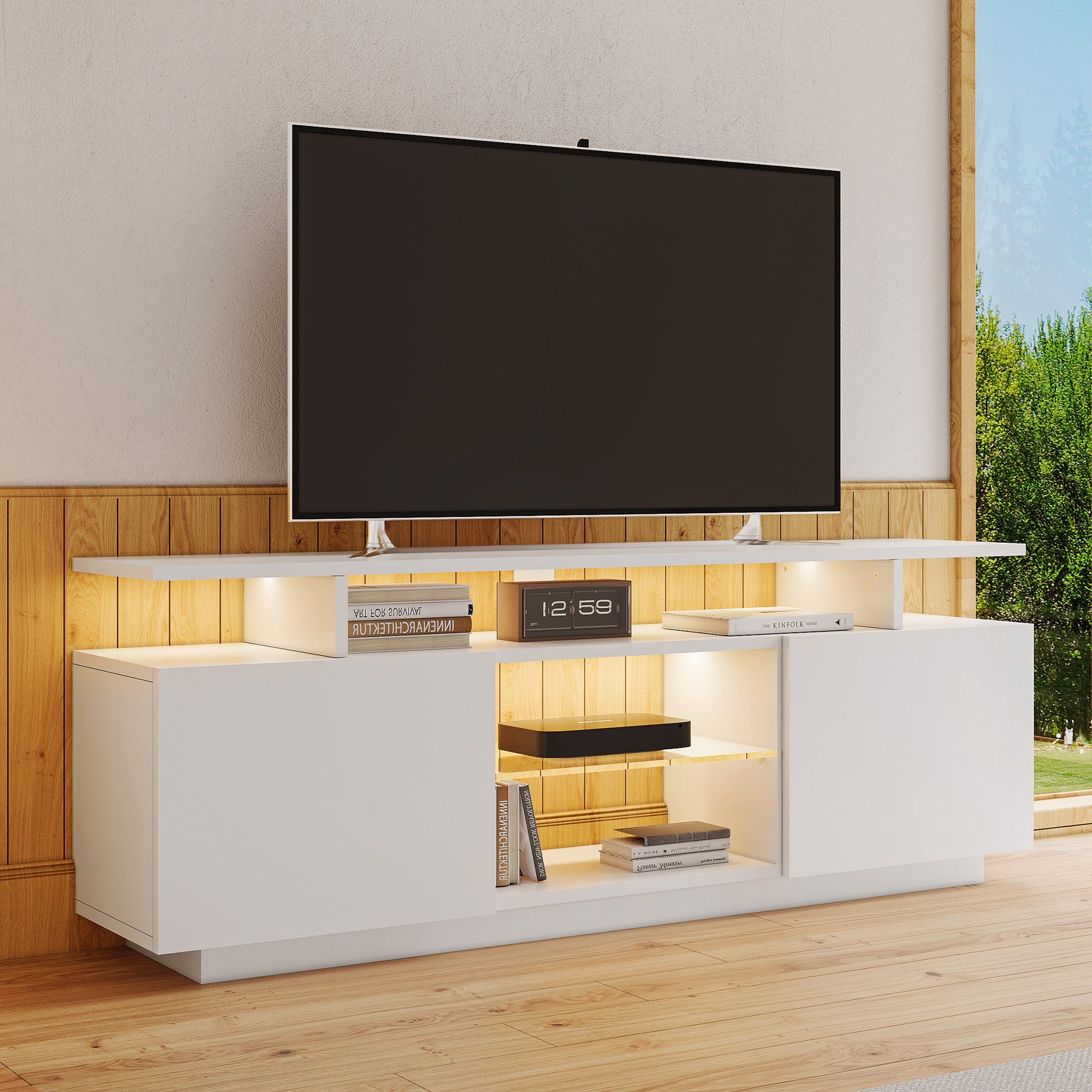 REDOM TV-Schrank Moderner weißer TV-Schrank (Hochglanz) mit 16-farbiger LED-Beleuchtung