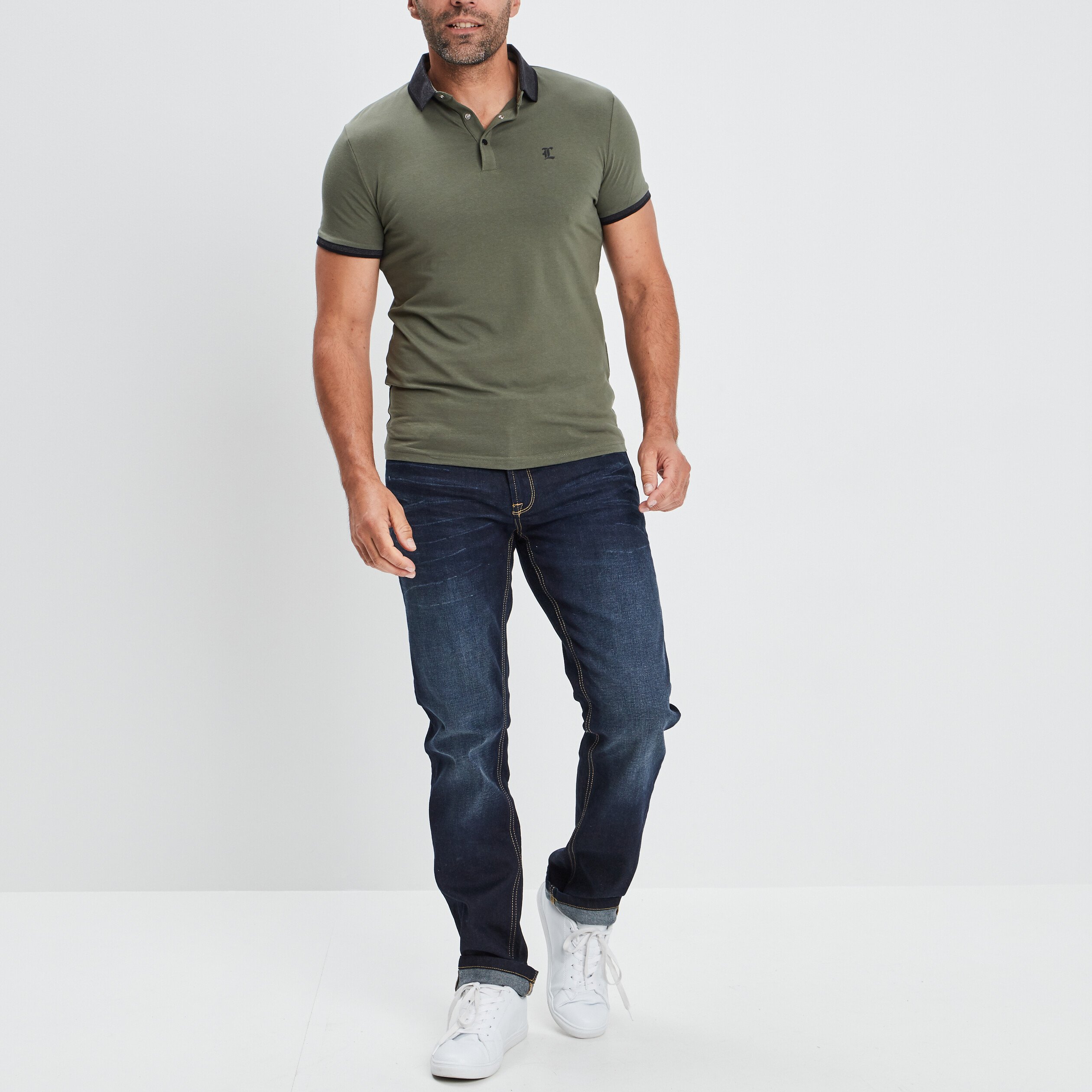 Polo ajusté manches courtes vert kaki homme | La Halle
