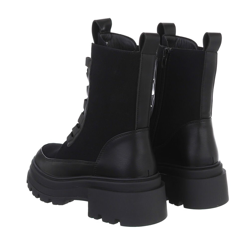 Ital-Design Damen Schnürschuhe Freizeit Schnürstiefelette Blockabsatz Plateaustiefeletten in Schwarz