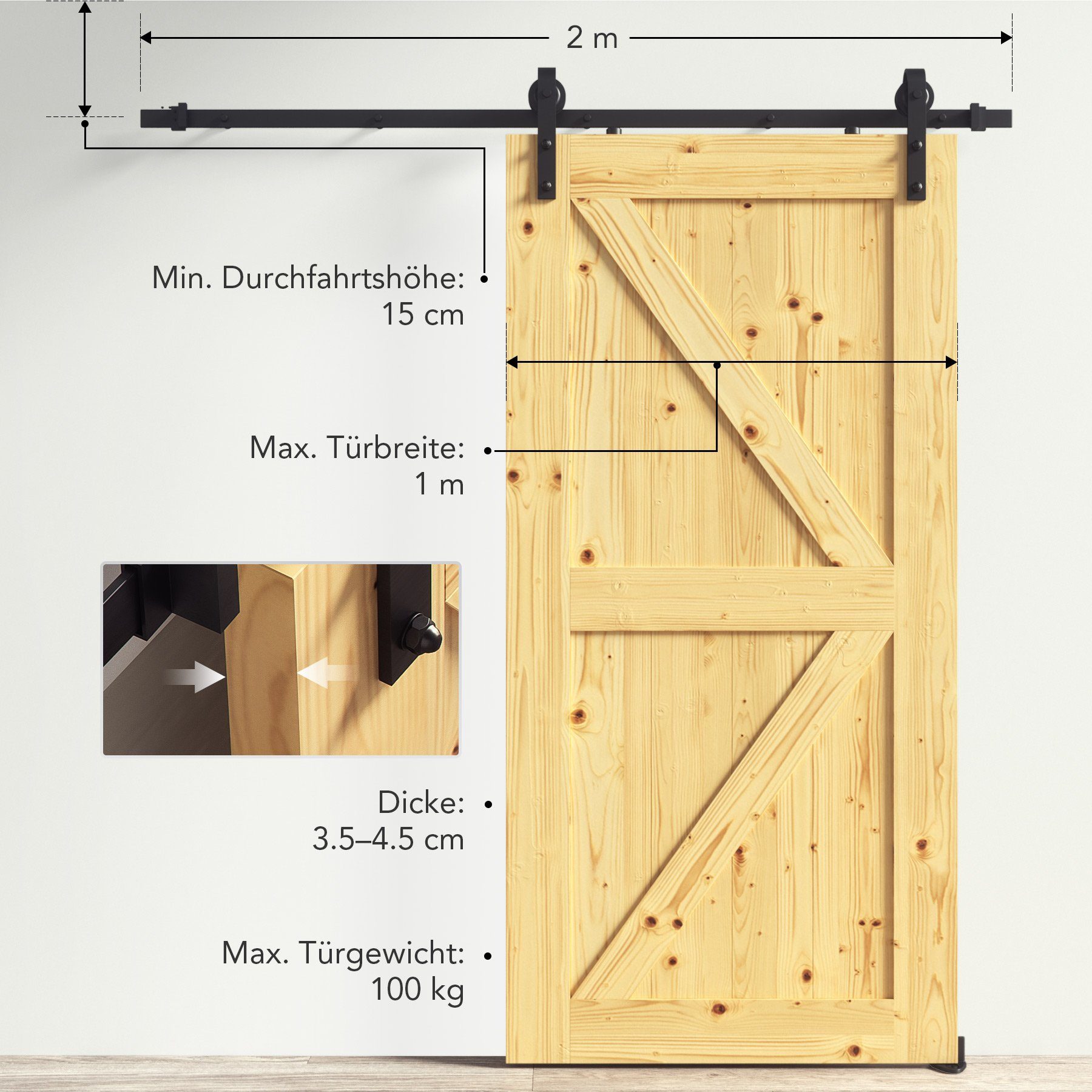 Crenex Schiebetür 200cm Schiebetürsystem Zubehörteil aus Kohlenstoffstahl (Verstellbare Hängeschiene, Schiebetor Laufschiene mit Rollen)