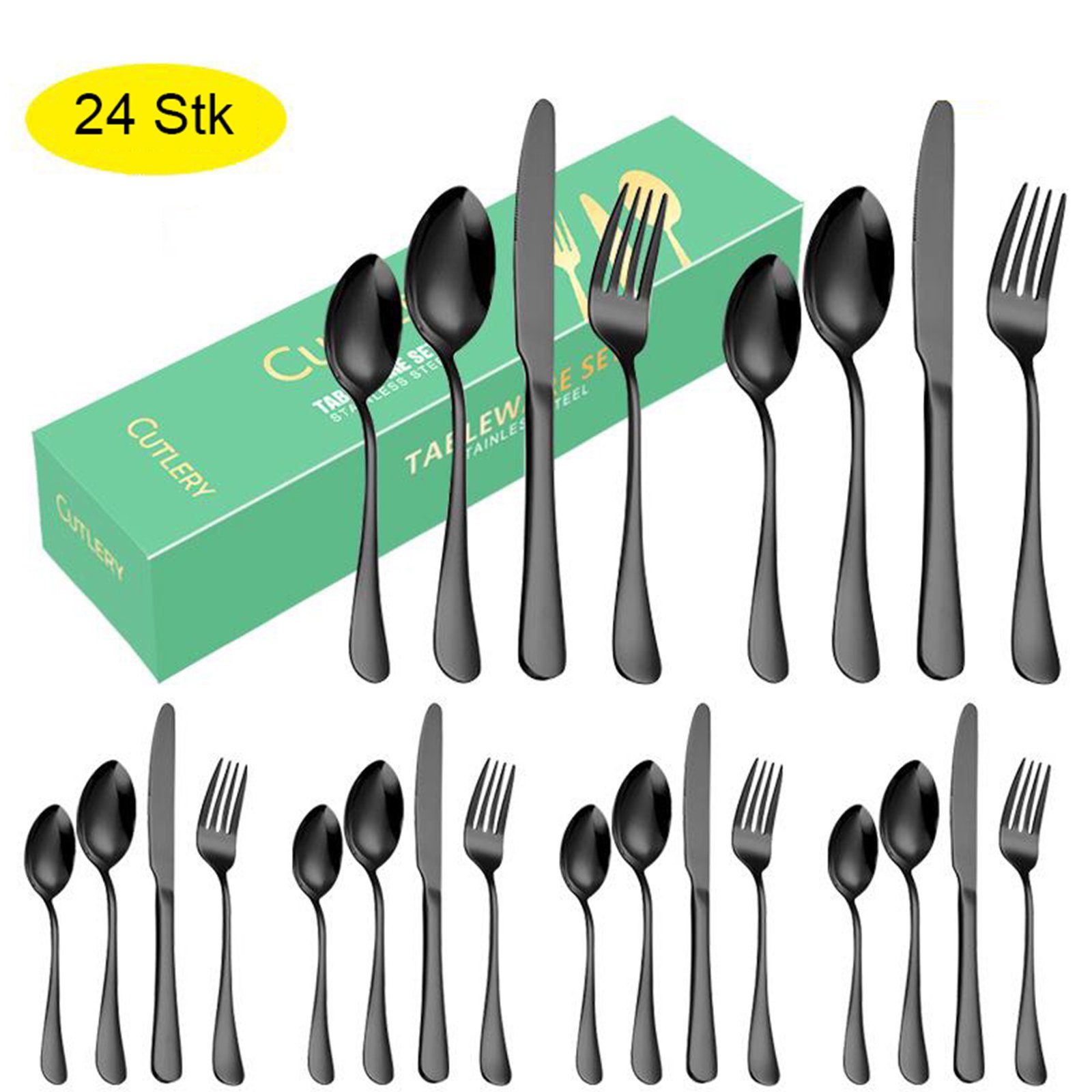 iceagle Besteck-Set 24 Stück Besteck Set, Schwarz Mattiert Essbesteck Set für 6 Personen