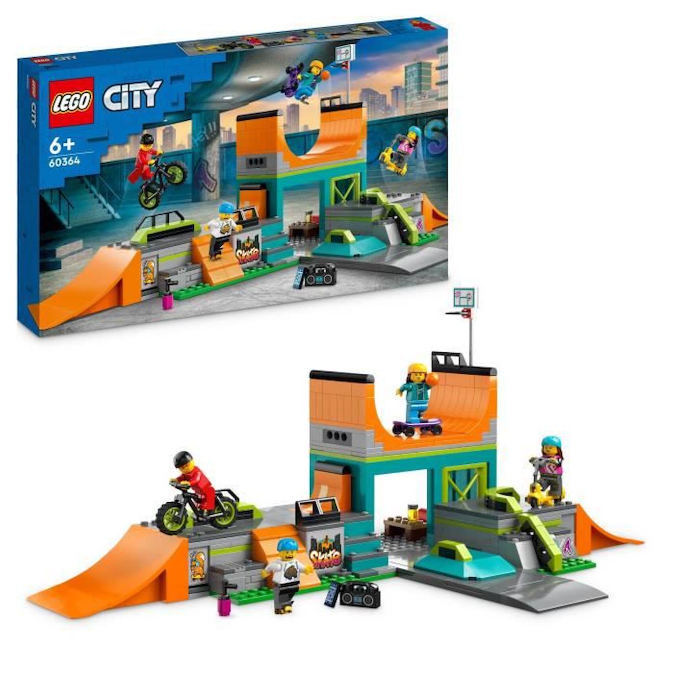 LEGO® City 60364 Le Skatepark Urbain, Jouet de Cascade avec Vélo BMX, Skateboard et Rollers orange