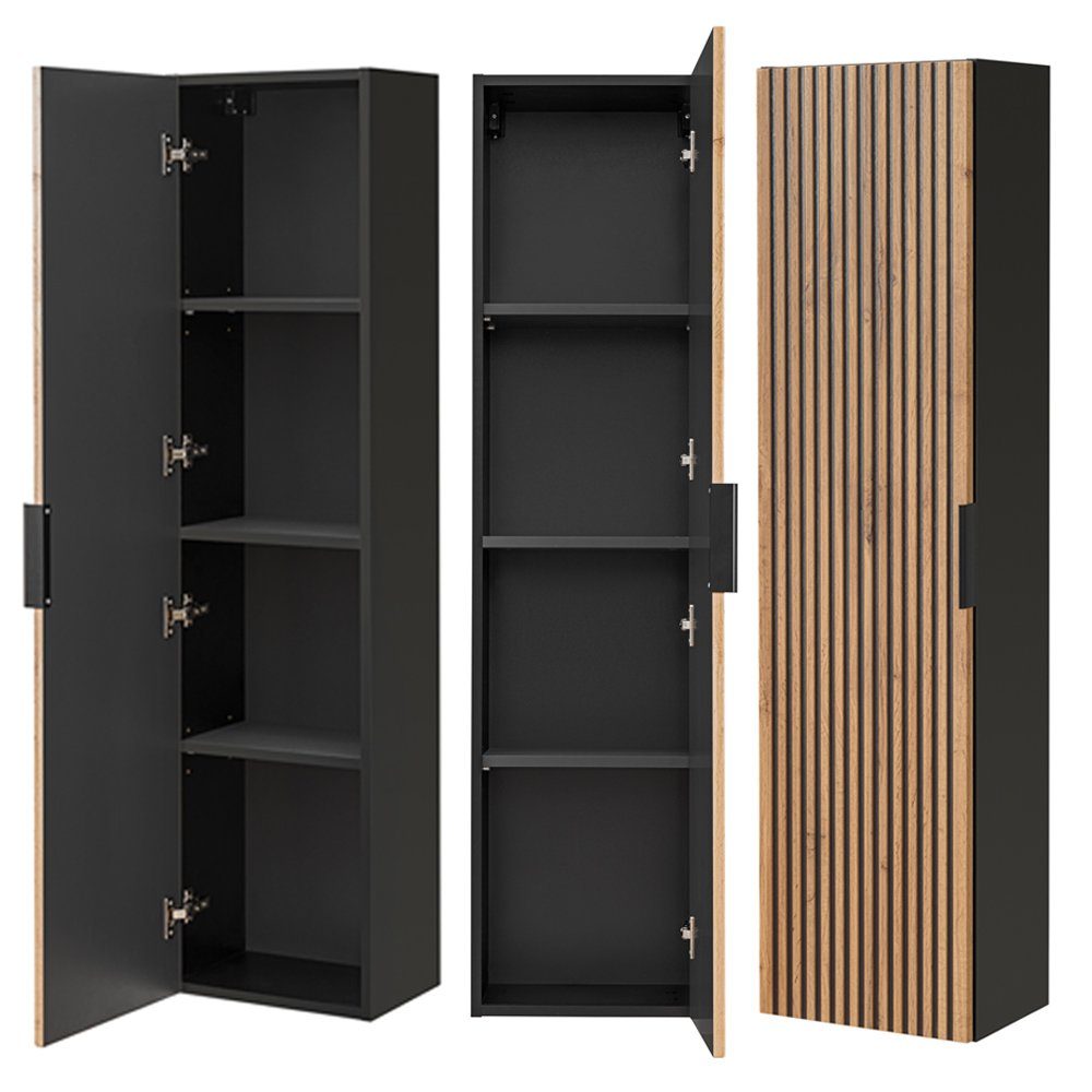 Lomadox Badmöbel-Set XANTEN-56, (3-St), anthrazit, Wotan Eiche Nb schwarz gerillt, Waschtisch, Hochschrank