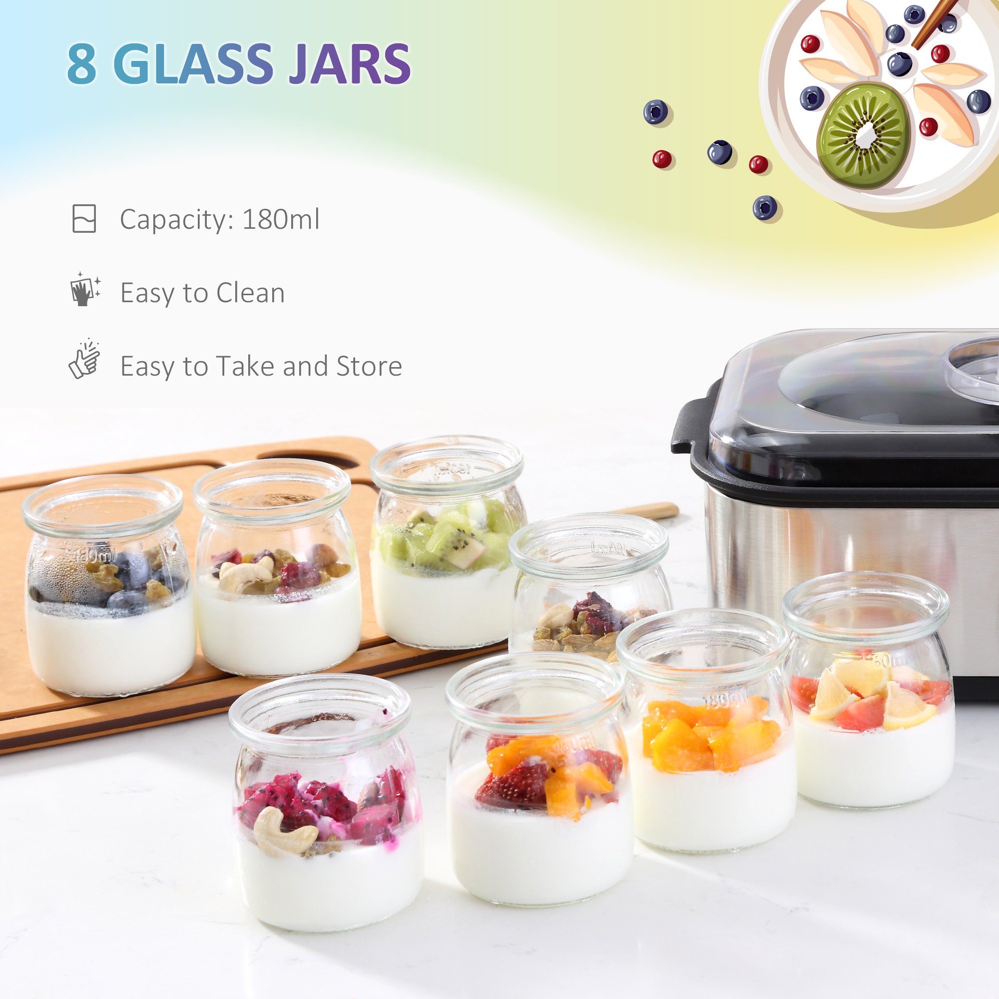 HOMCOM Joghurtbereiter Joghurtbereiter, 8 Portionsbehälter, je 180 ml, Joghurtmaschine 8 Joghurtgläser einstellbar PC PP Silber