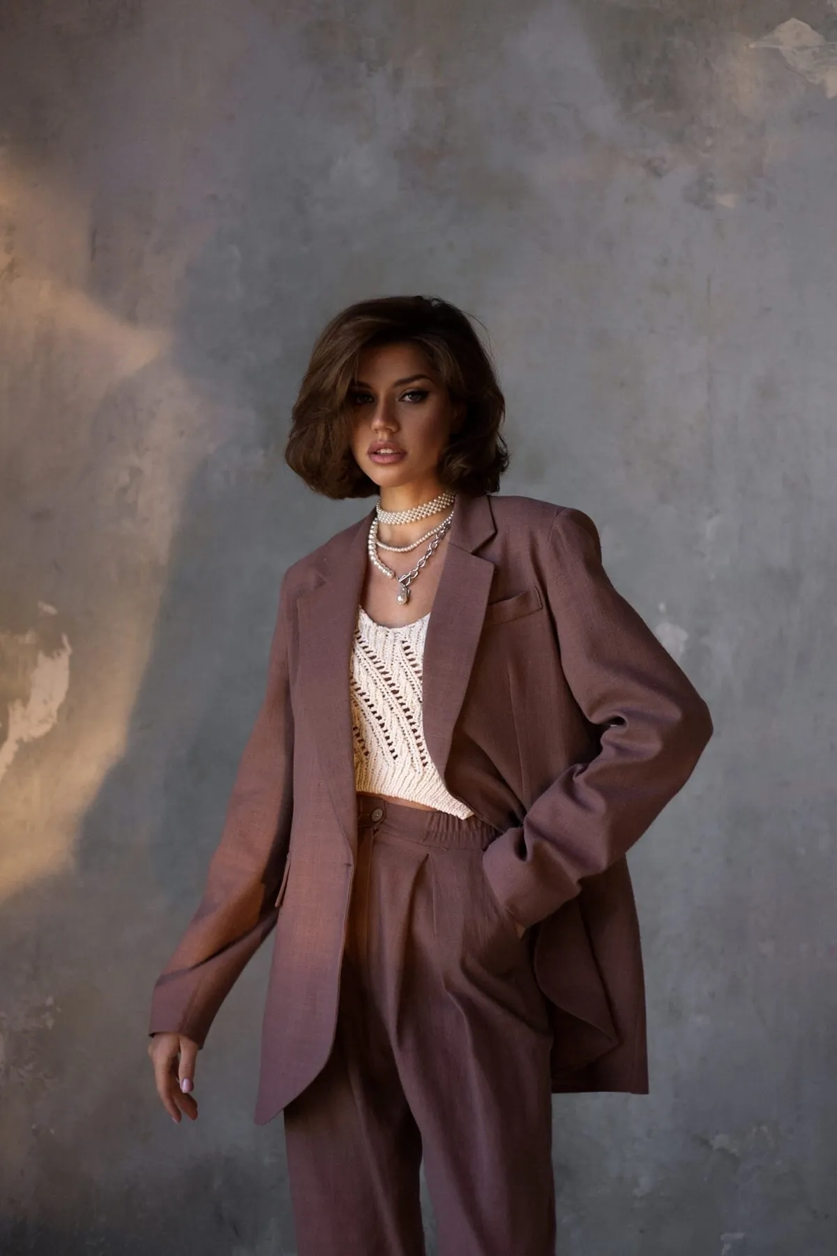 BOHEMAİ  Braunes Ponte-Leinen-Blazer-Jacken-Set