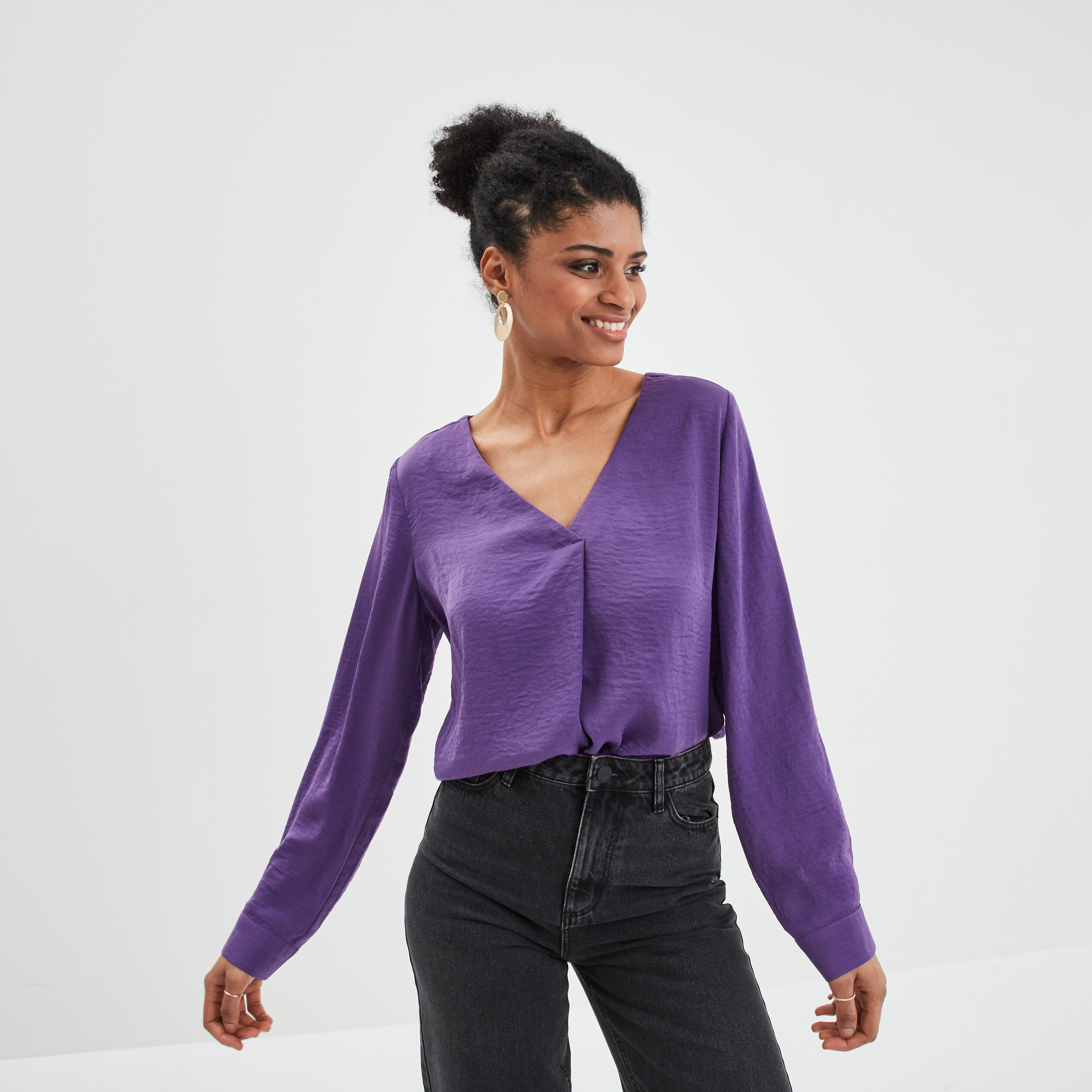 Blouse à revers manches 3 4 violet femme | La Halle
