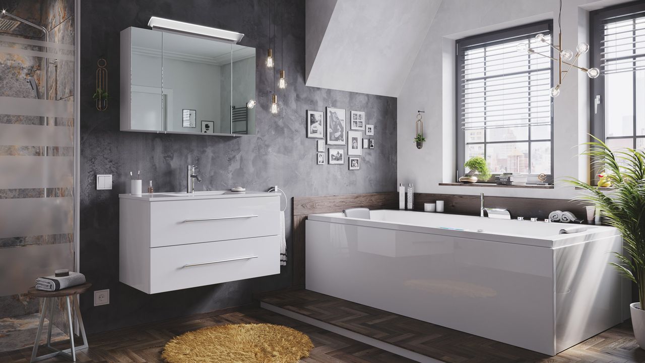Posseik Badmöbel-Set Homeline 90 (2-teilig) weiß hochglanz inkl. Spiegelschrank mit Design LED-Lampe EEK: F