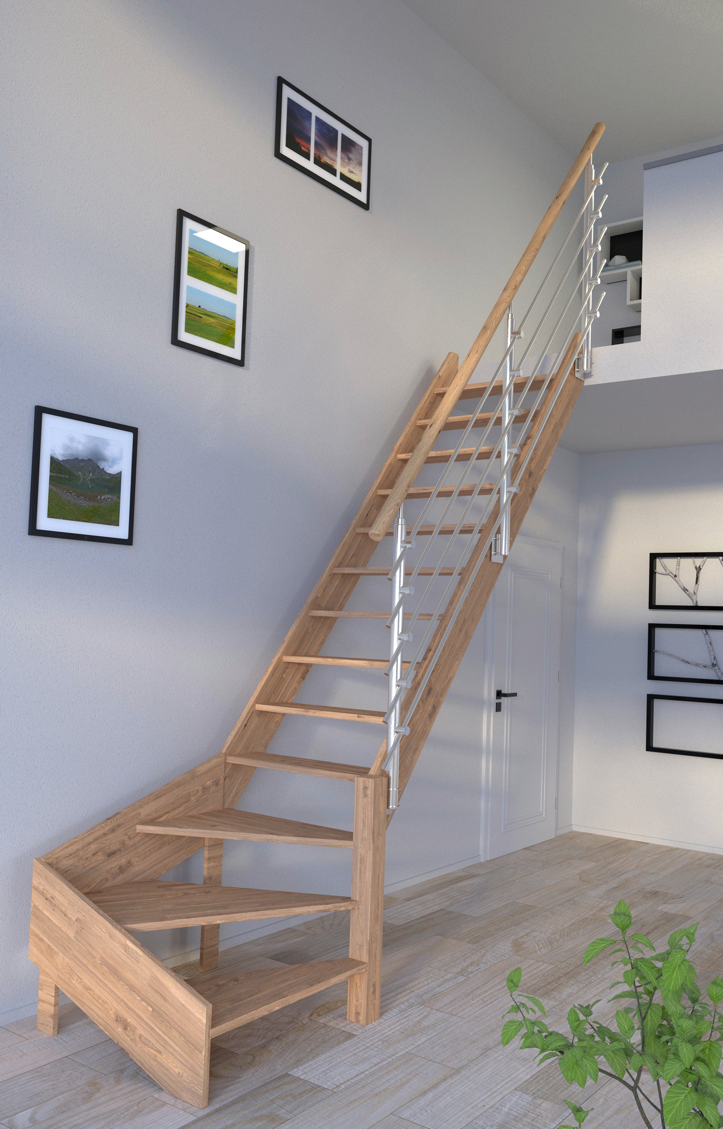 Starwood Raumspartreppe Massivholz Rhodos, Design-Geländer Edelstahl, für Geschosshöhen bis 300 cm, Stufen offen, gewendelt Rechts, Durchgehende Wangenteile