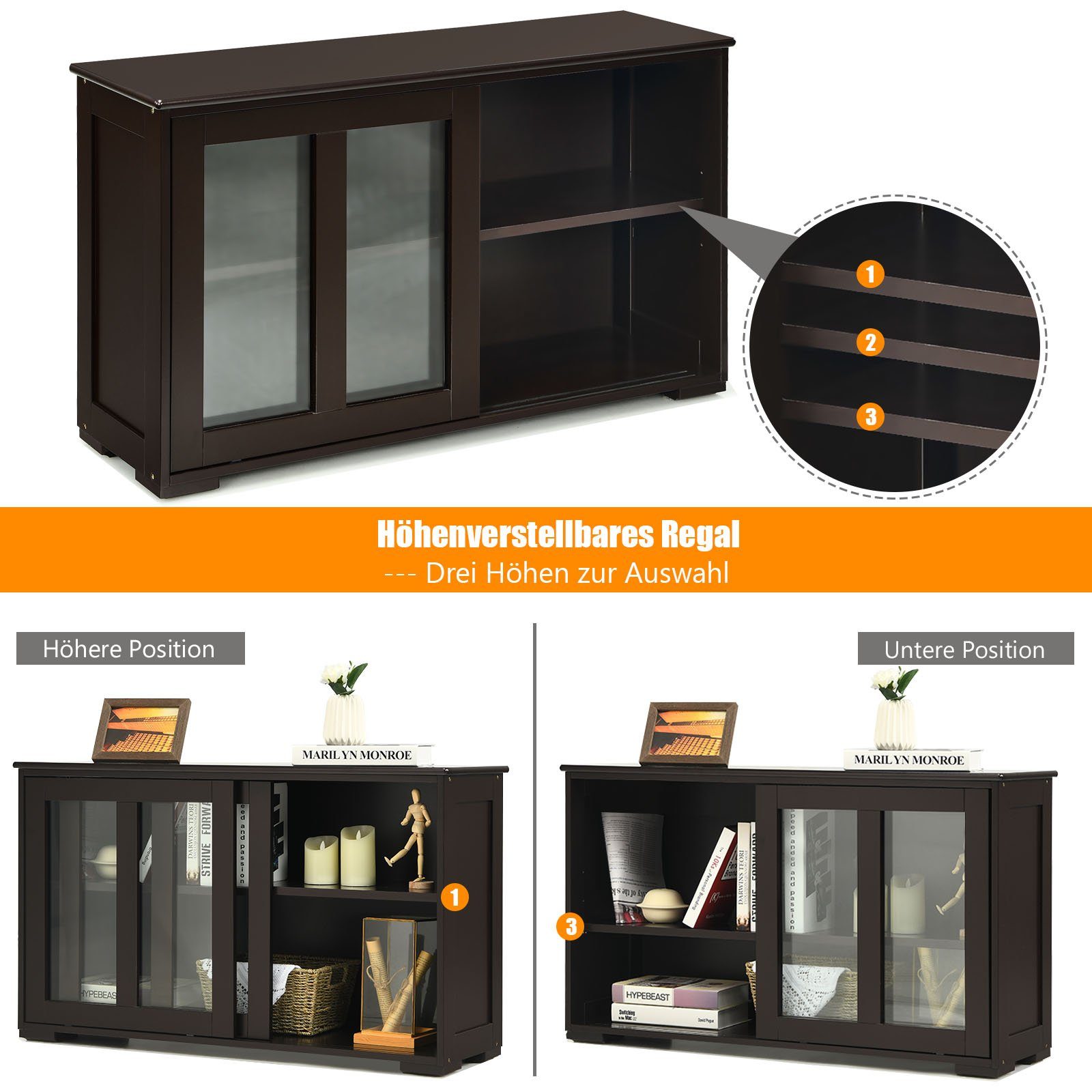 COSTWAY Sideboard, mit Schiebetüren, höhenverstellbarer Ablage