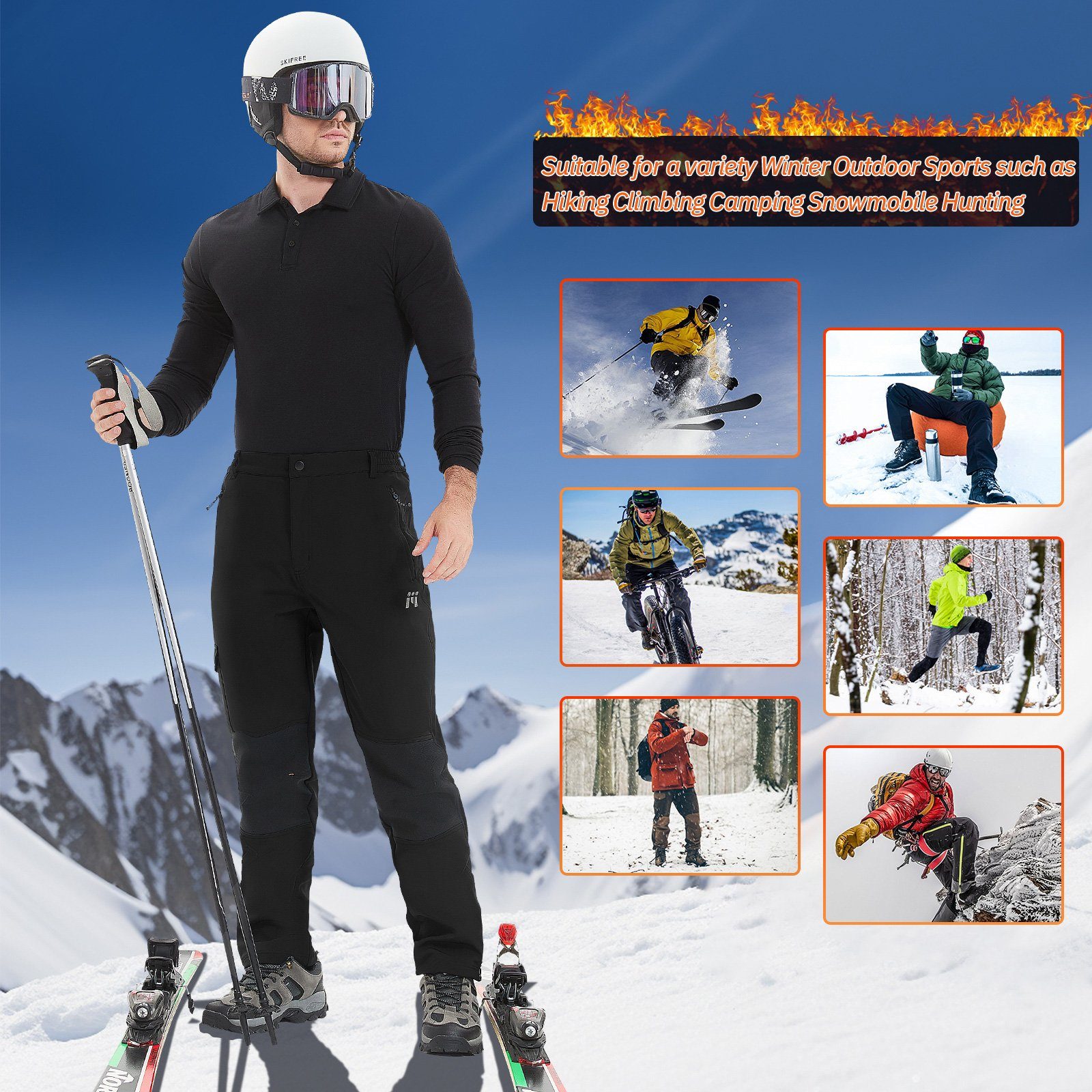 MEETYOO Outdoorhose Herren Trekkinghose Thermo Wanderhose Snowboardhose (Fleece Softshellhose, Radlerhose, Sports Hose, Cargohose) Skifahren, Snowboarden, Camping, Radfahren