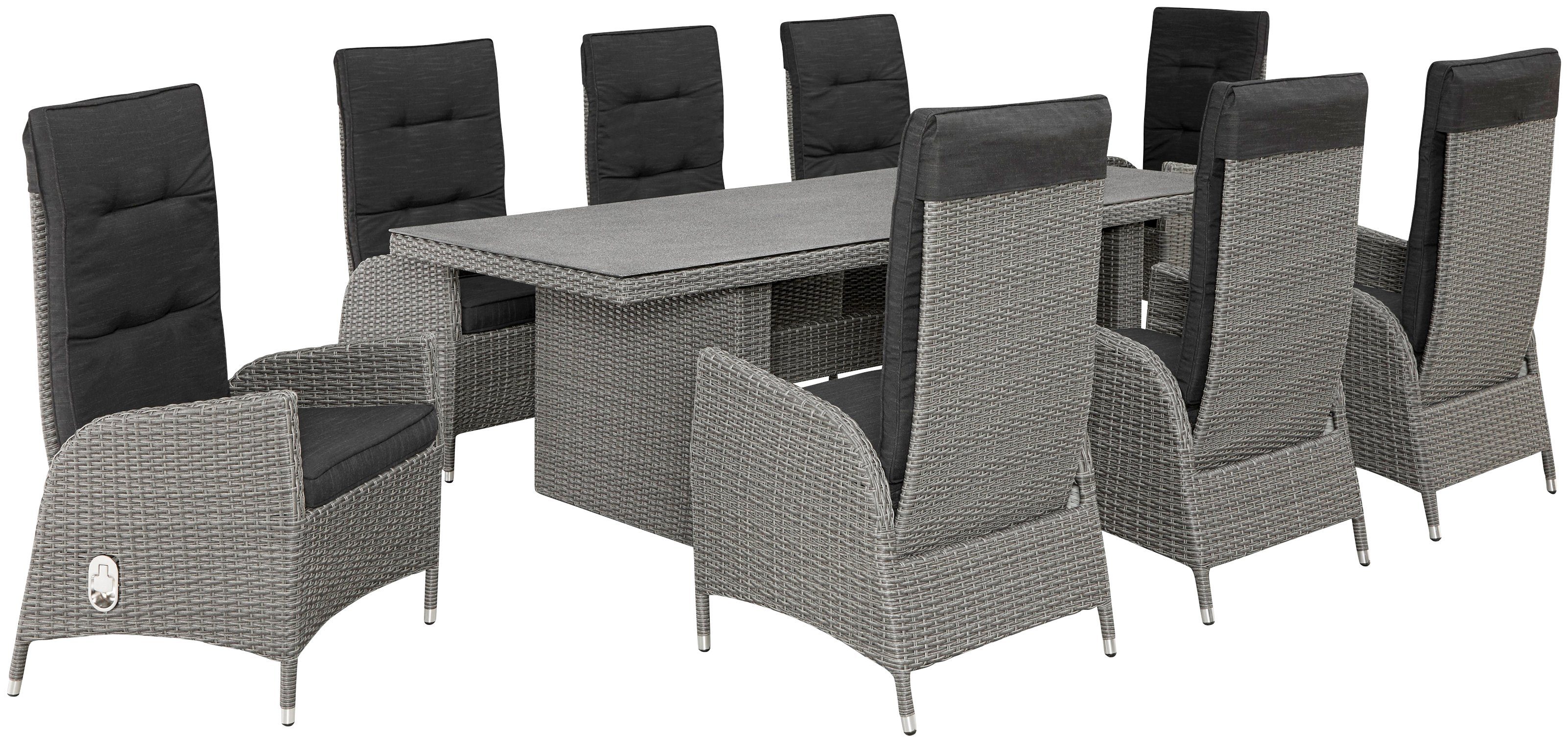 KONIFERA Garten-Essgruppe Brisbane, (17-tlg., inkl. Auflagen, Alu+Polyrattan), 8 Sessel, 1 Tisch 225x100x75 cm