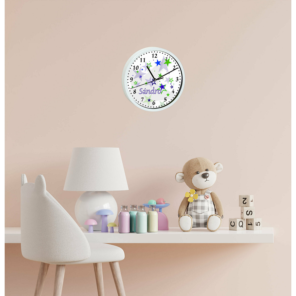 Kinder Wanduhr personalisiert mit Name Sternenhimmel Blau Grün