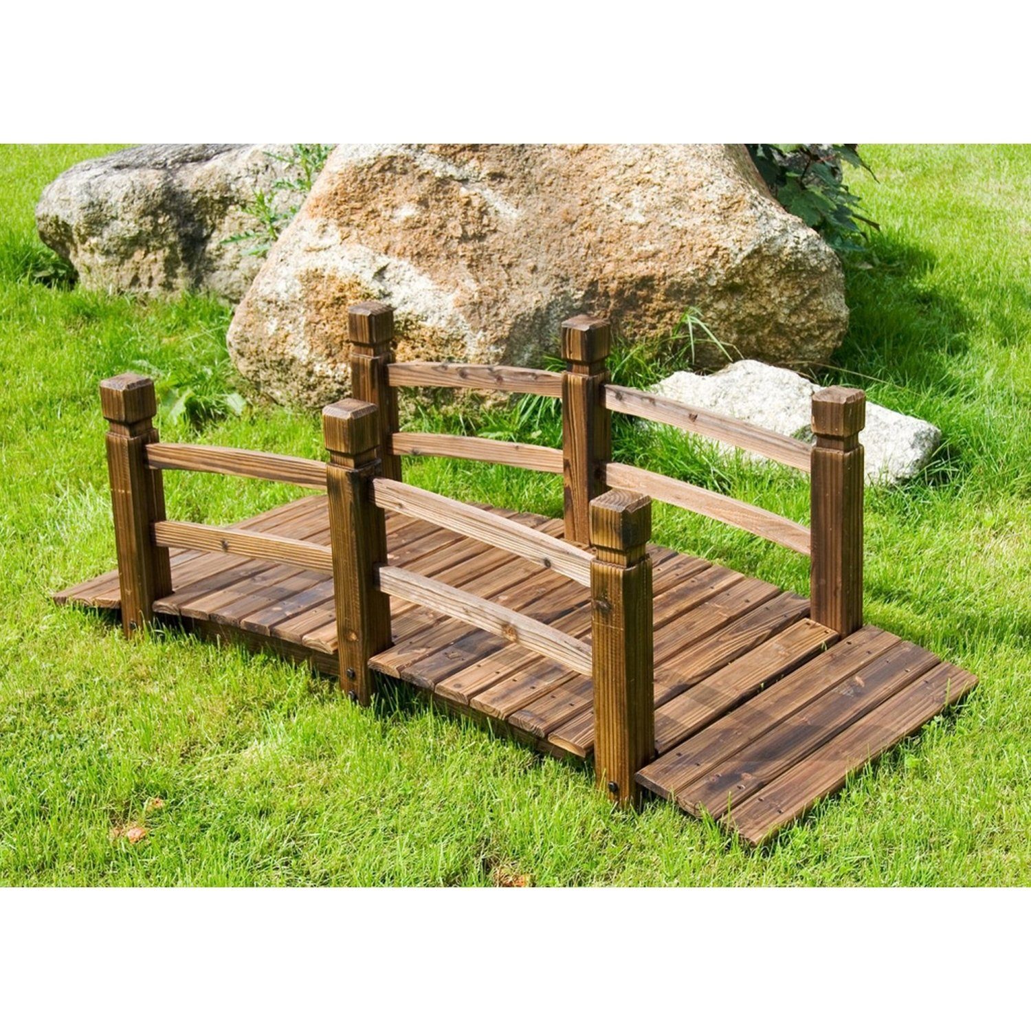 STILISTA Zierbrücke Holzbrücke Gartenbrücke Teichbrücke Dekobrücke, 150 x 65 x 53 cm, mit Geländer, geölt, Farbwahl