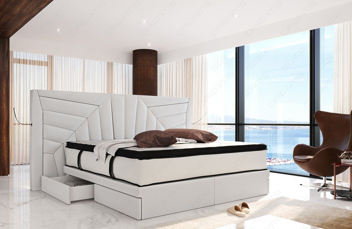 Sofa Dreams Boxspringbett Boxspringbett Monaco Leder, mit Topper, mit Schubladen, mit LED-Beleuchtung, mit USB-Anschlüssen