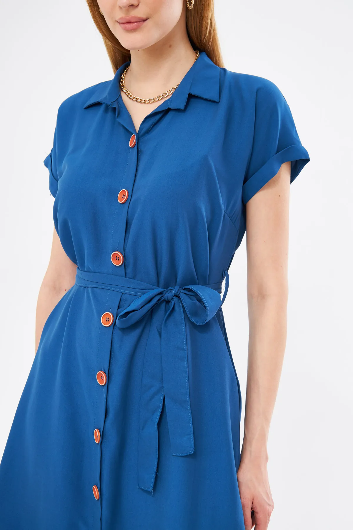 armonika  Dunkelblaues Kurzarm-Hemdkleid mit Gürtel für Damen ARM-19Y001068