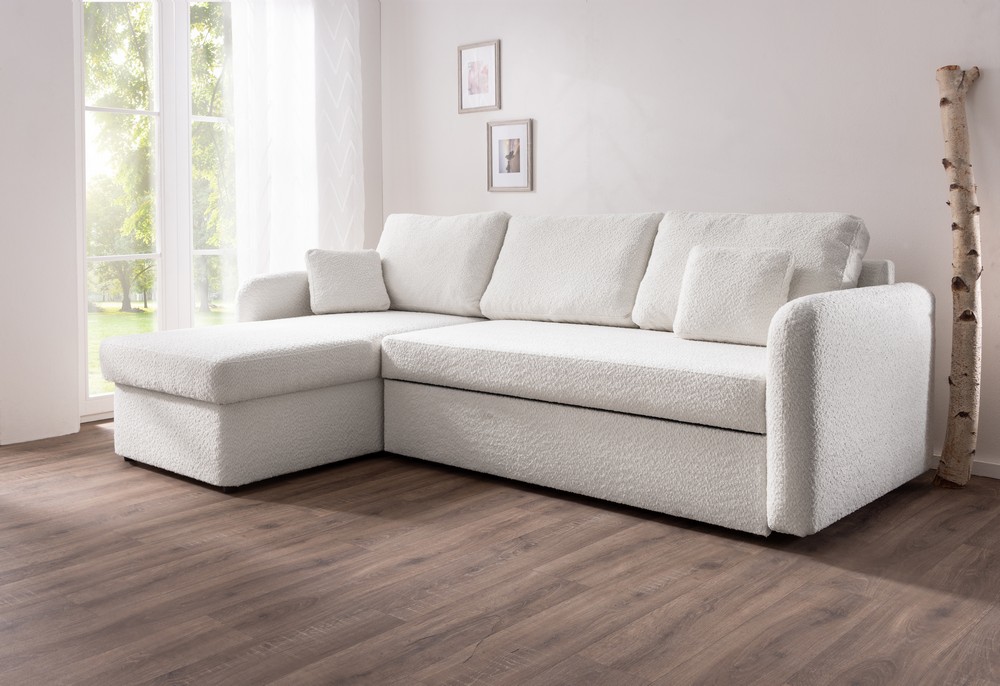 Möbel Punkt Ecksofa NICE Abriamo Boucle Ecru Hell mit Bett und Bettkasten Ottomane Universell Rechts Links