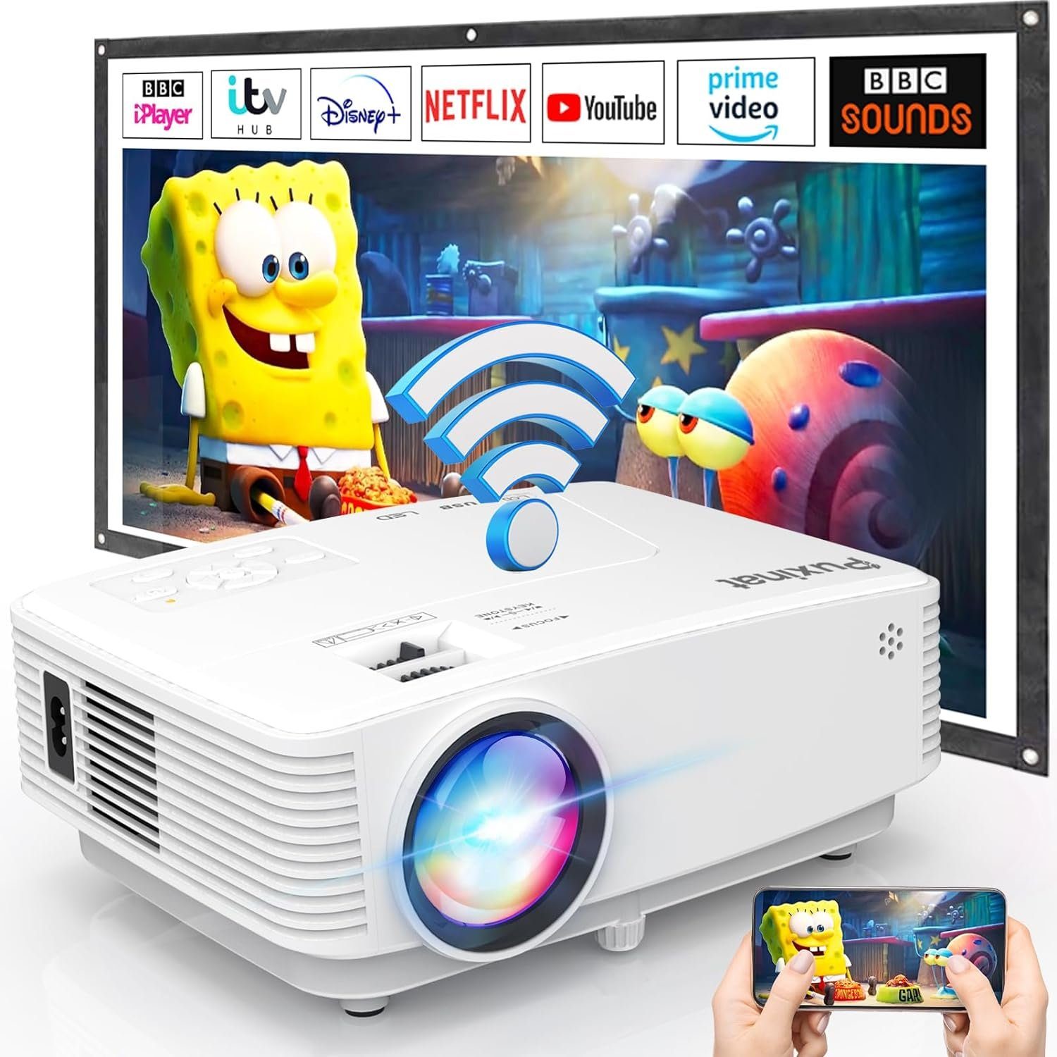 Puxinat Portabler Projektor (10000 lm, 1920 x 1080 px, 1080P Full HD 200 ANSI 10000 Lumen 270 Display Tragbarer Projektor)
