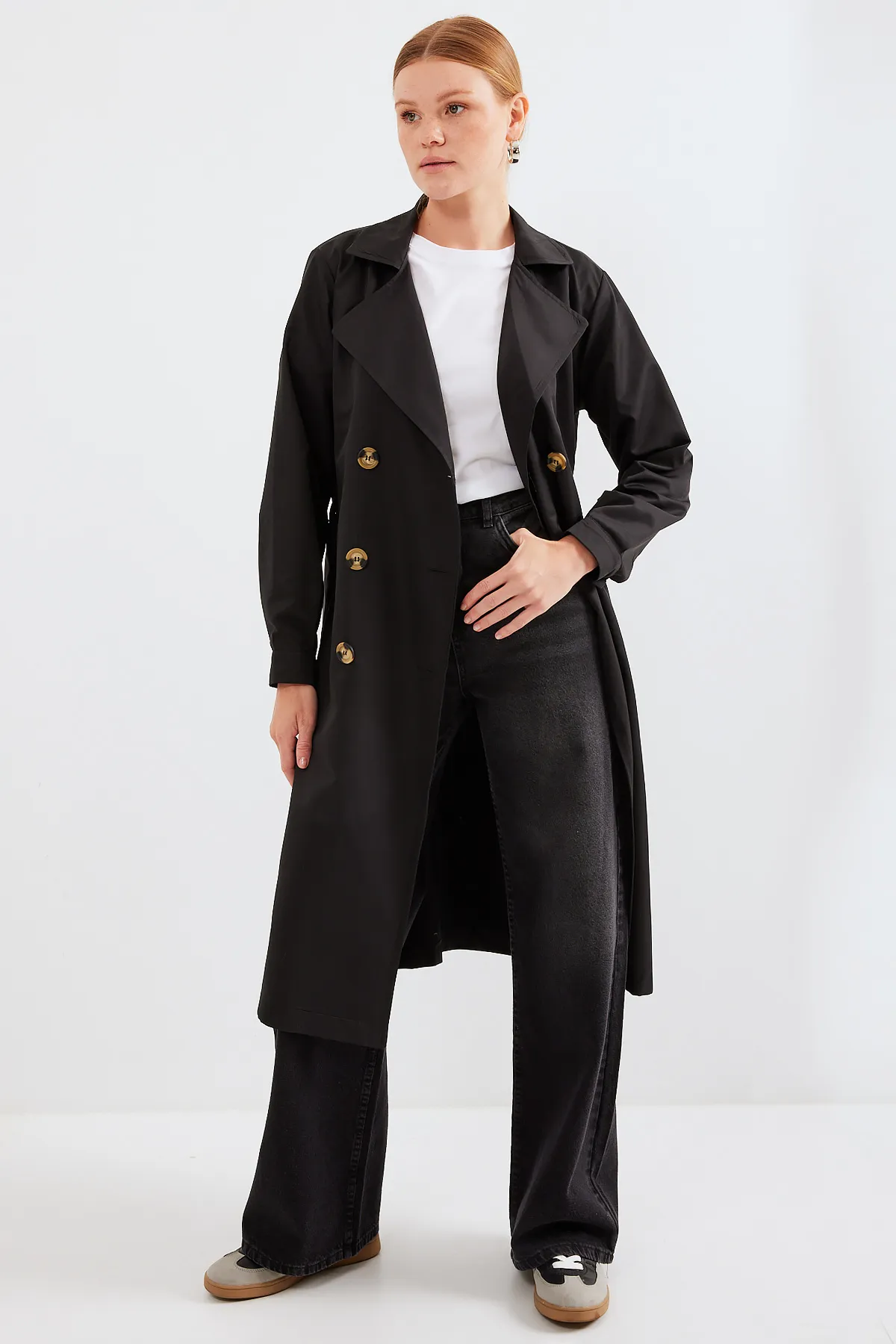 Bigdart  5853 Zweireihiger Trenchcoat mit Kragen – Schwarz
