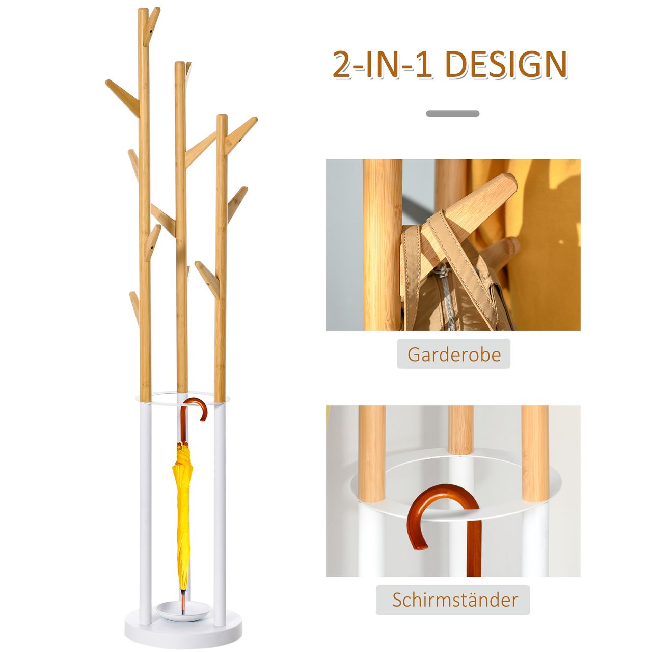 HOMCOM Garderobenständer Standgarderobe Kleiderständer mit 12 Haken moderner Schirmständer für den Flur Wohnzimmer Metall Bambus Natur Weiß 30,5 x 30,5 x 174,5 cm