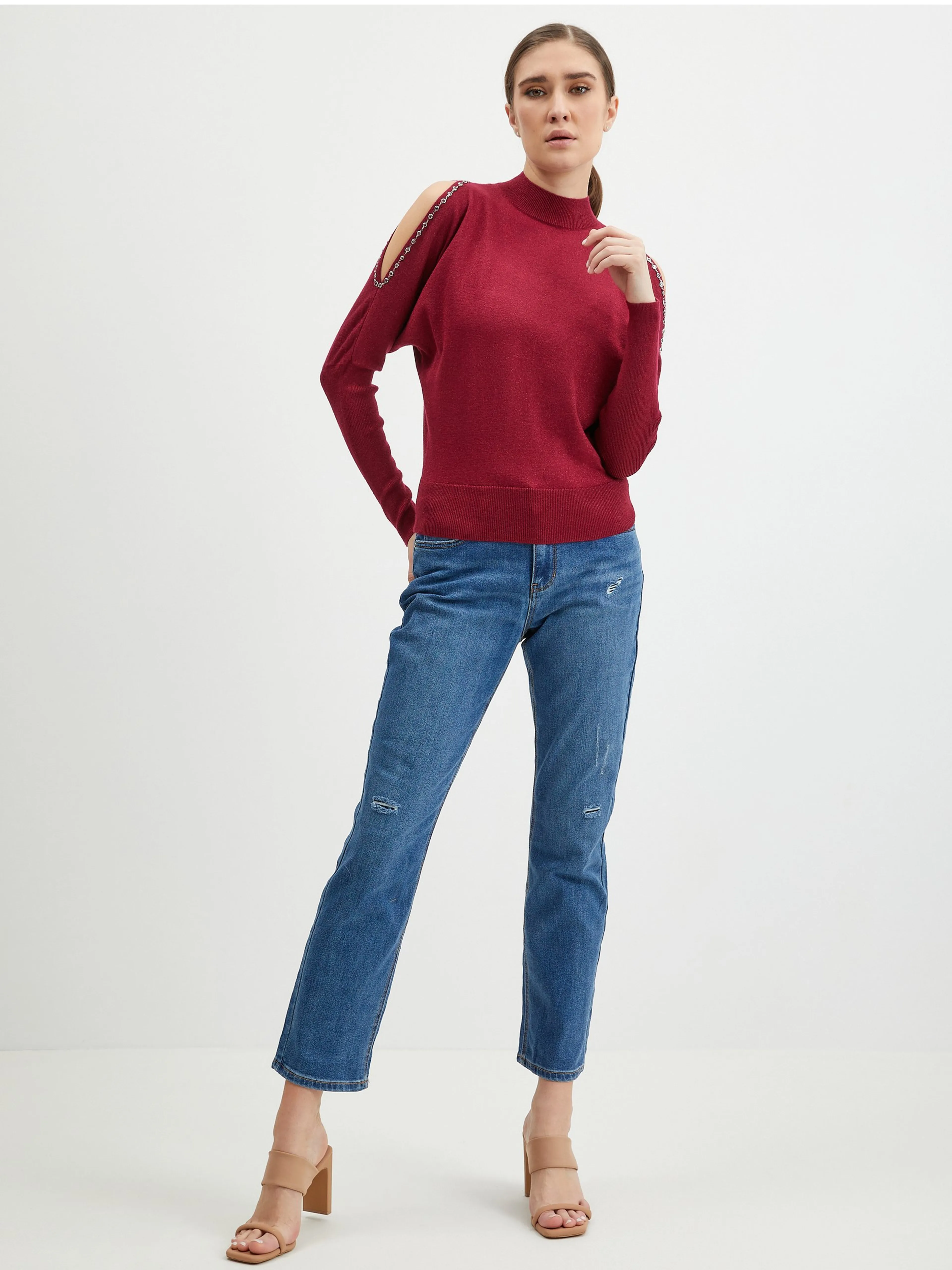 Burgunderfarbene Damen-Strickjacke mit Ausschnitten ORSAY