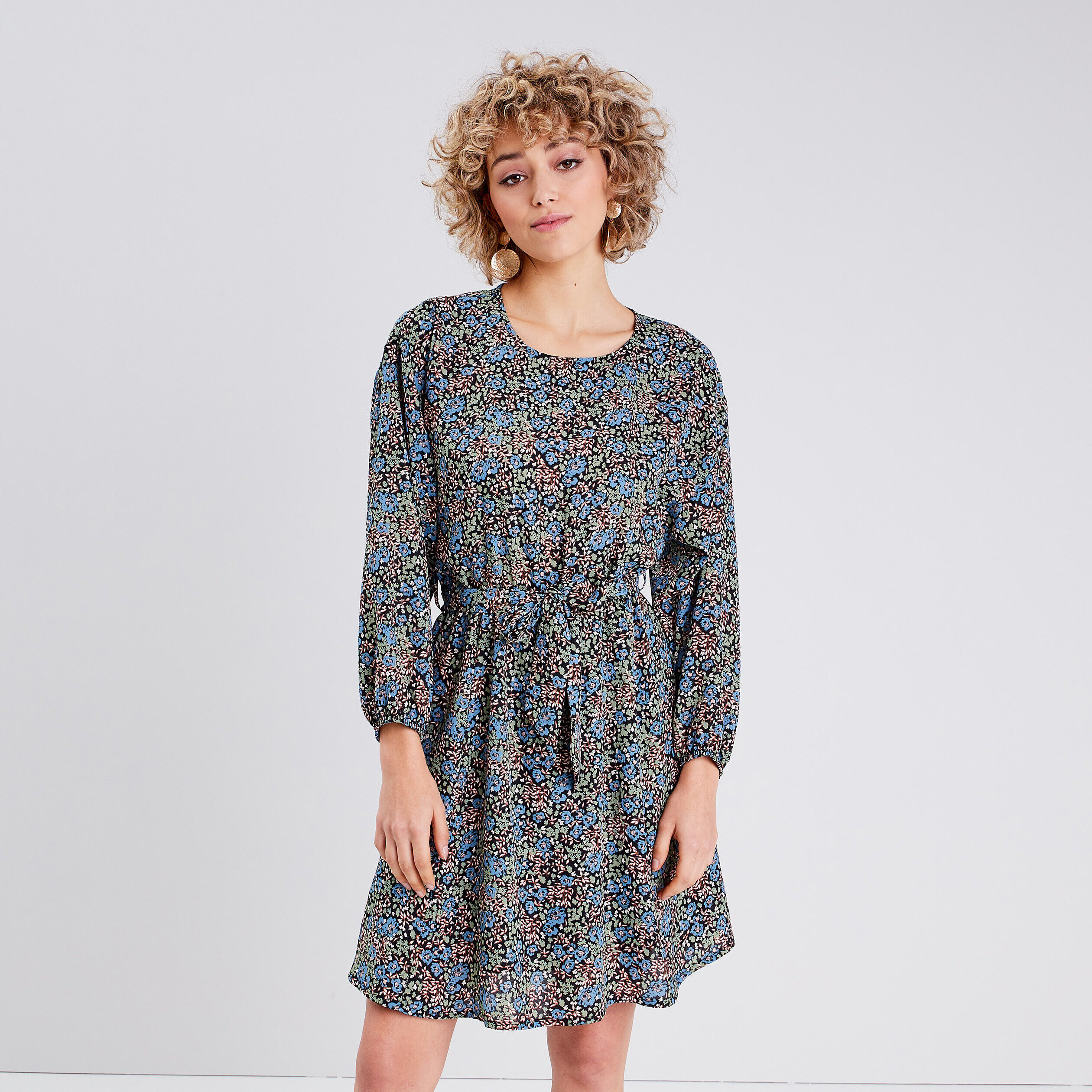 Robe évasée ceinturée denim noir femme | Cache Cache