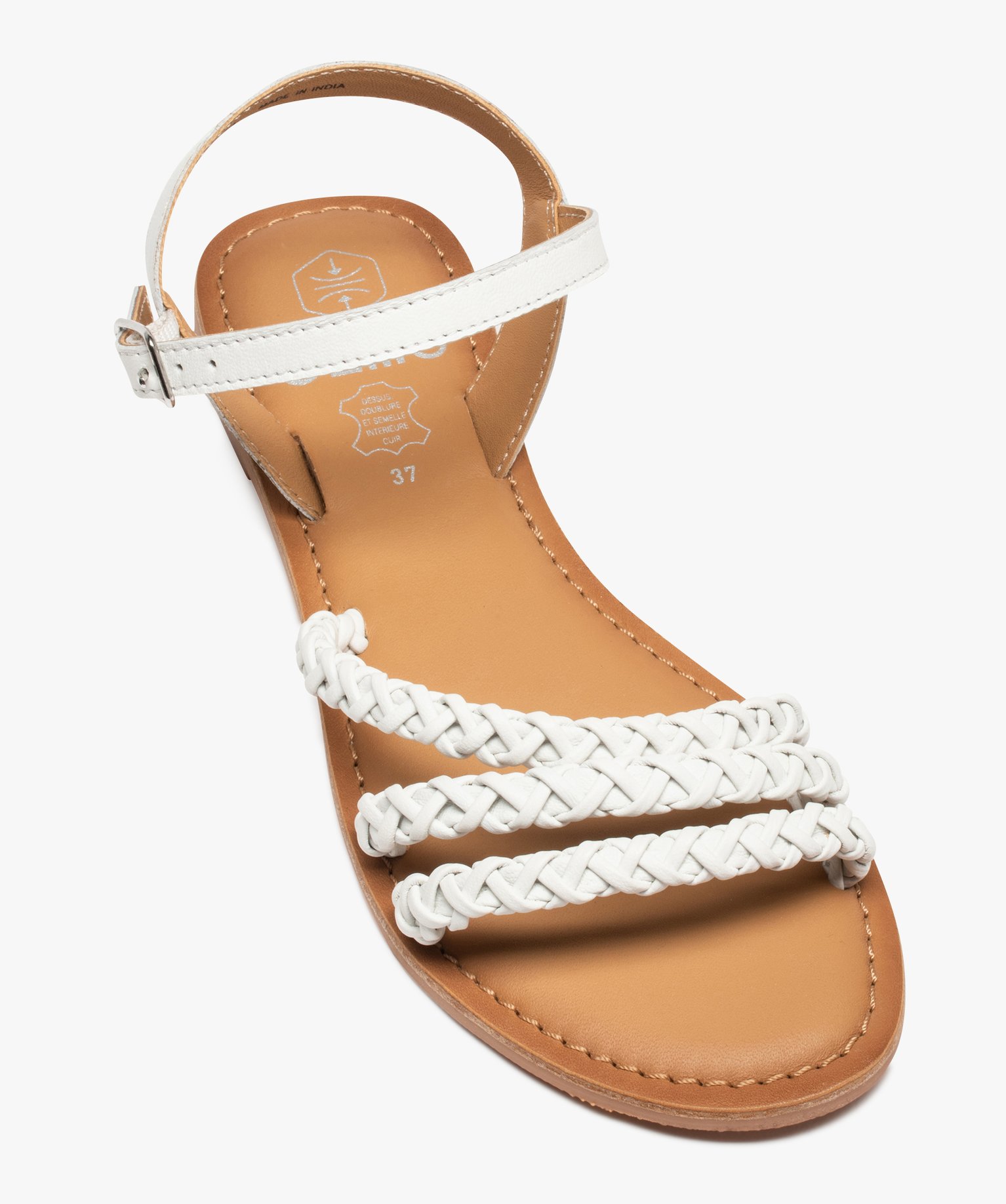 Sandales femme à talon plat et brides tressées en cuir blanc | GEMO