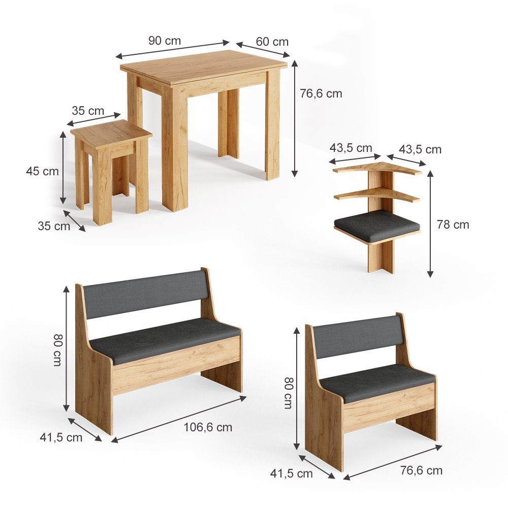 Vicco Sitzgruppe Eckbankgruppe Esszimmergruppe ROMAN Sandeiche Goldkraft, (Set, 5-tlg., 5-er Set), bequeme Polsterung
