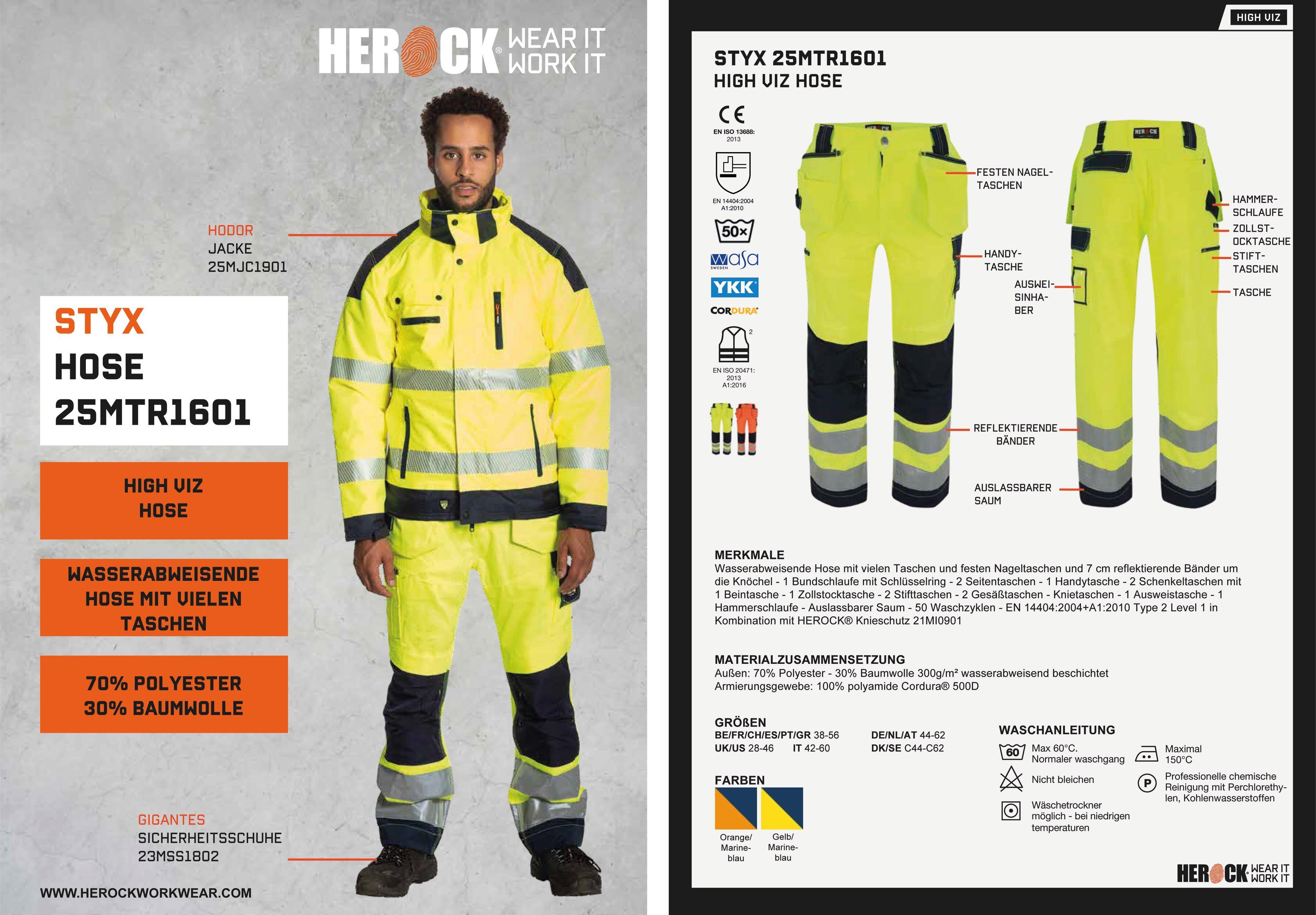 Herock Arbeitshose Styx Warnschutz Hose Wasserabweisend, viele Taschen, 2 feste Nageltaschen, sehr angenehm