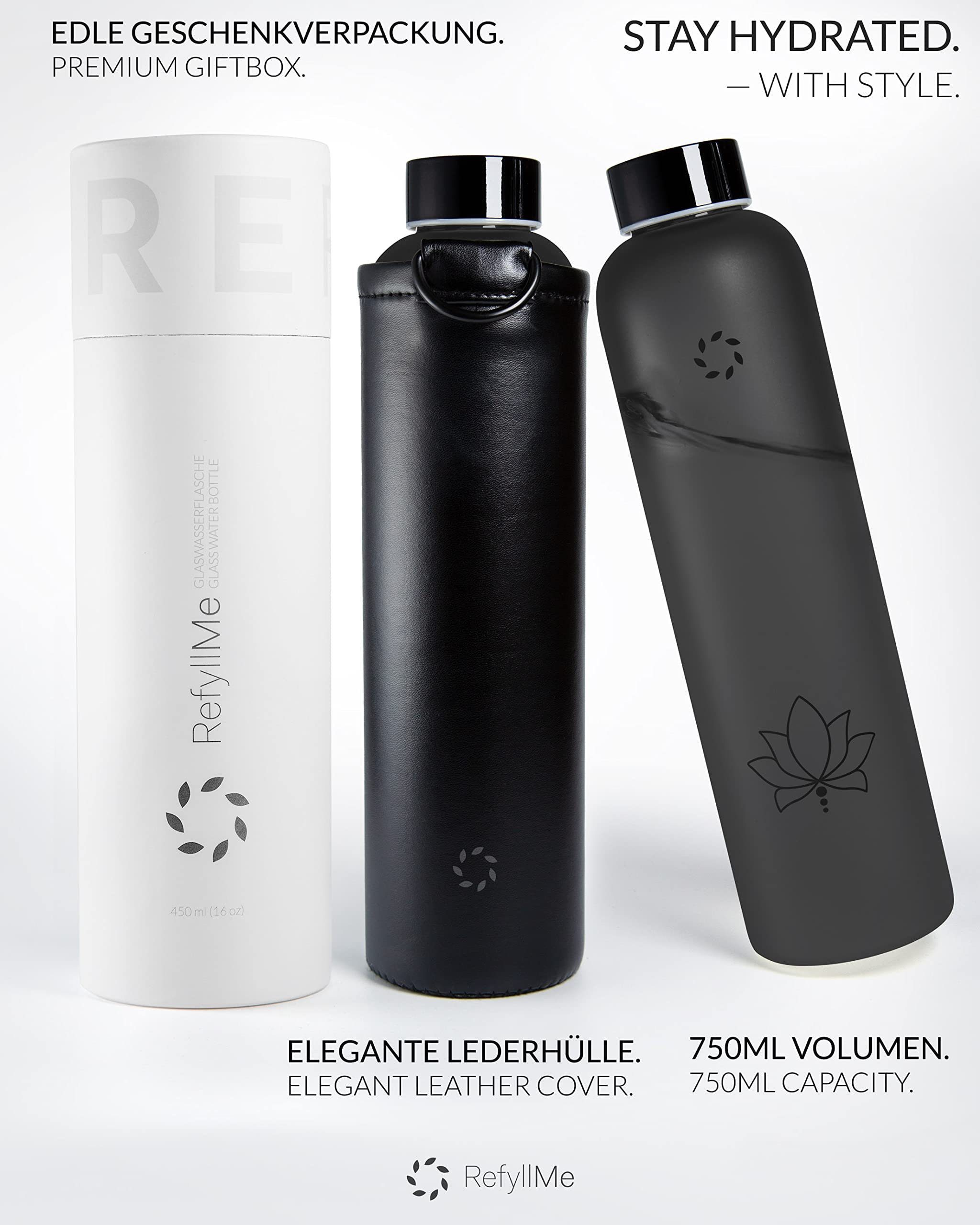 REFYLL Trinkflasche Glas-Trinkflasche mit Cover 