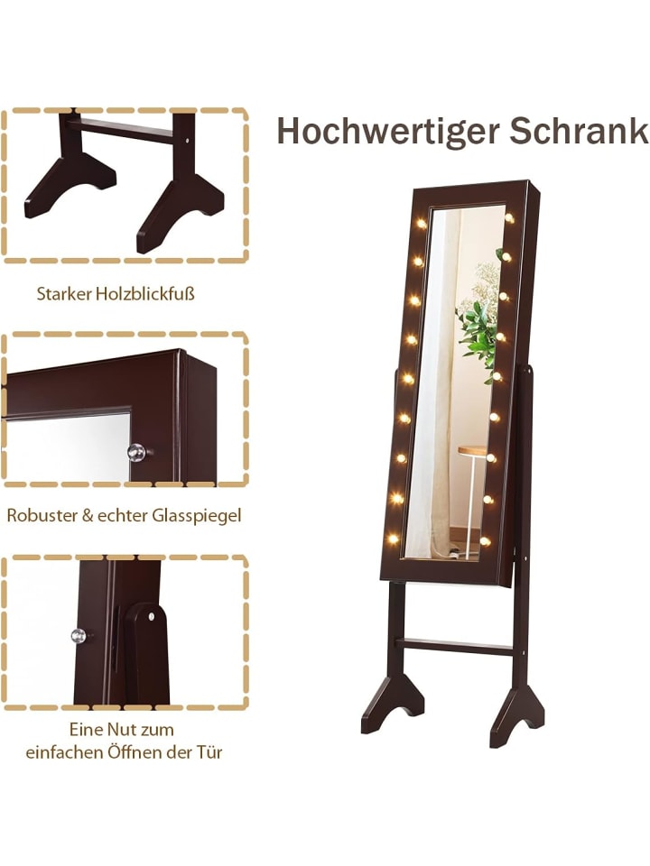 COSTWAY Schmuckschrank mit 18 LEDS in Braun günstig kaufen 145 cm